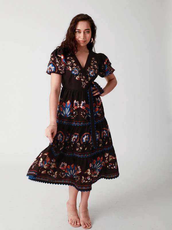 Women Black Garden Printed Wrap Dress