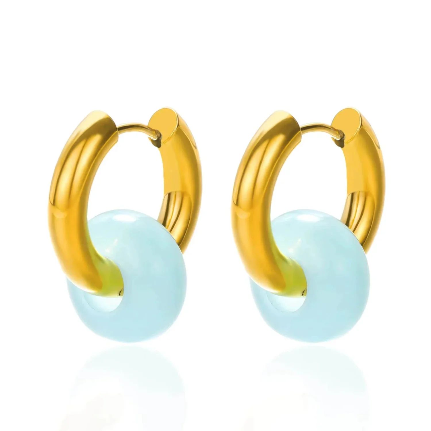 Blue Bead Gold Huggie Earrings