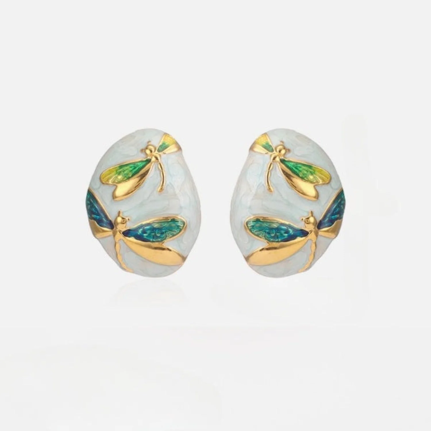 Blue Dragonfly Oval Shaped White Stud Earring