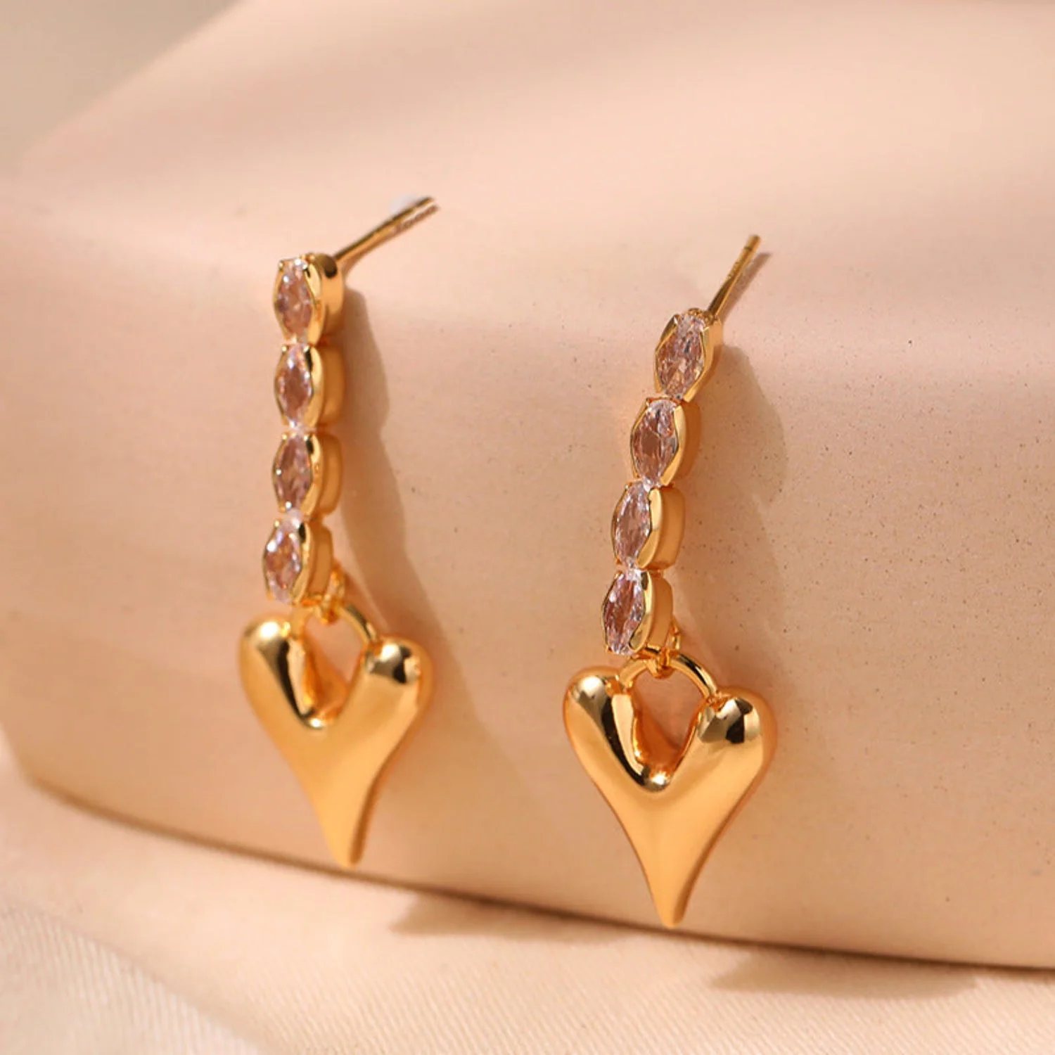Gold Drop Earring With Heart Pendants & Marquise Crystals
