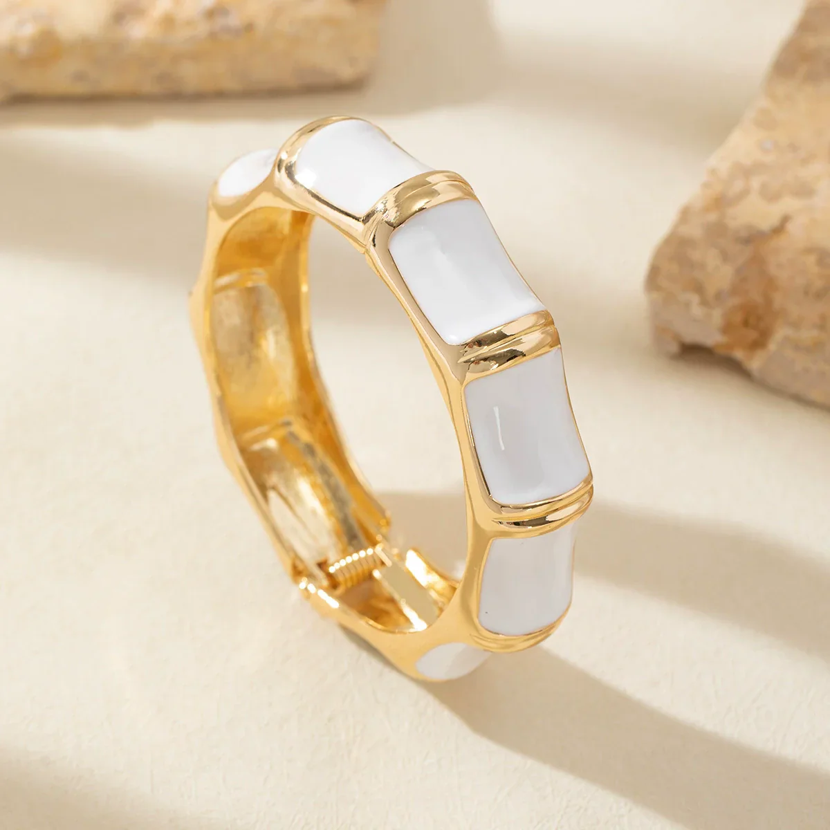 Gold Tone Enamel Bamboo Style Bracelet In Classic White