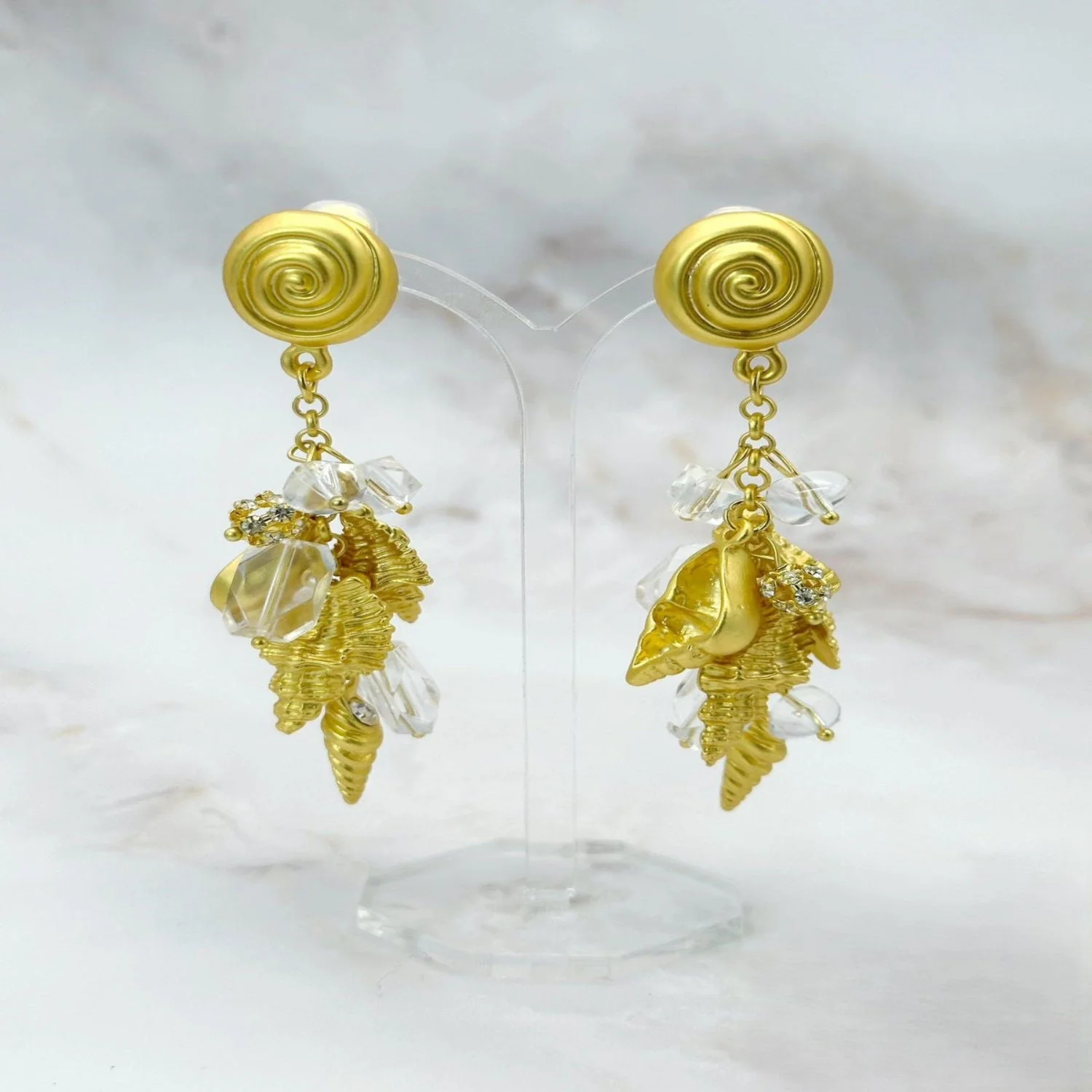 Golden Seashell Crystal Charm Earrings