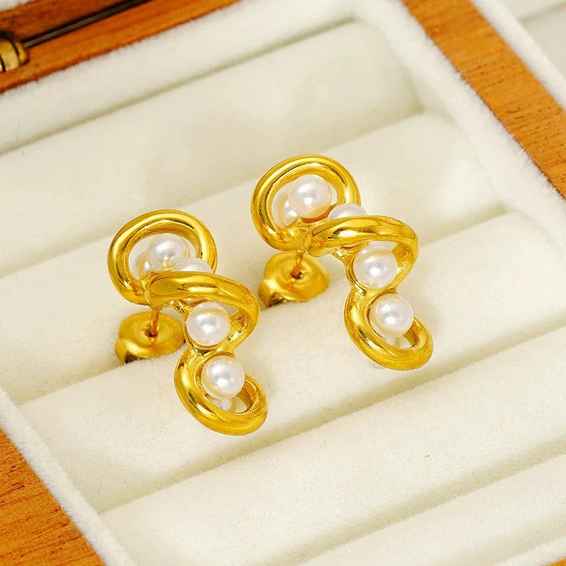 Golden Spiral Pearl Drop Earring