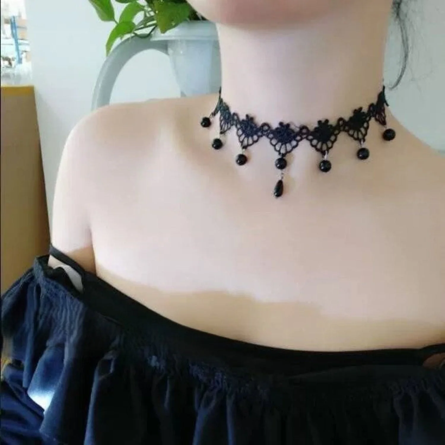 Gothic Lace Choker With Black Bead Drops
