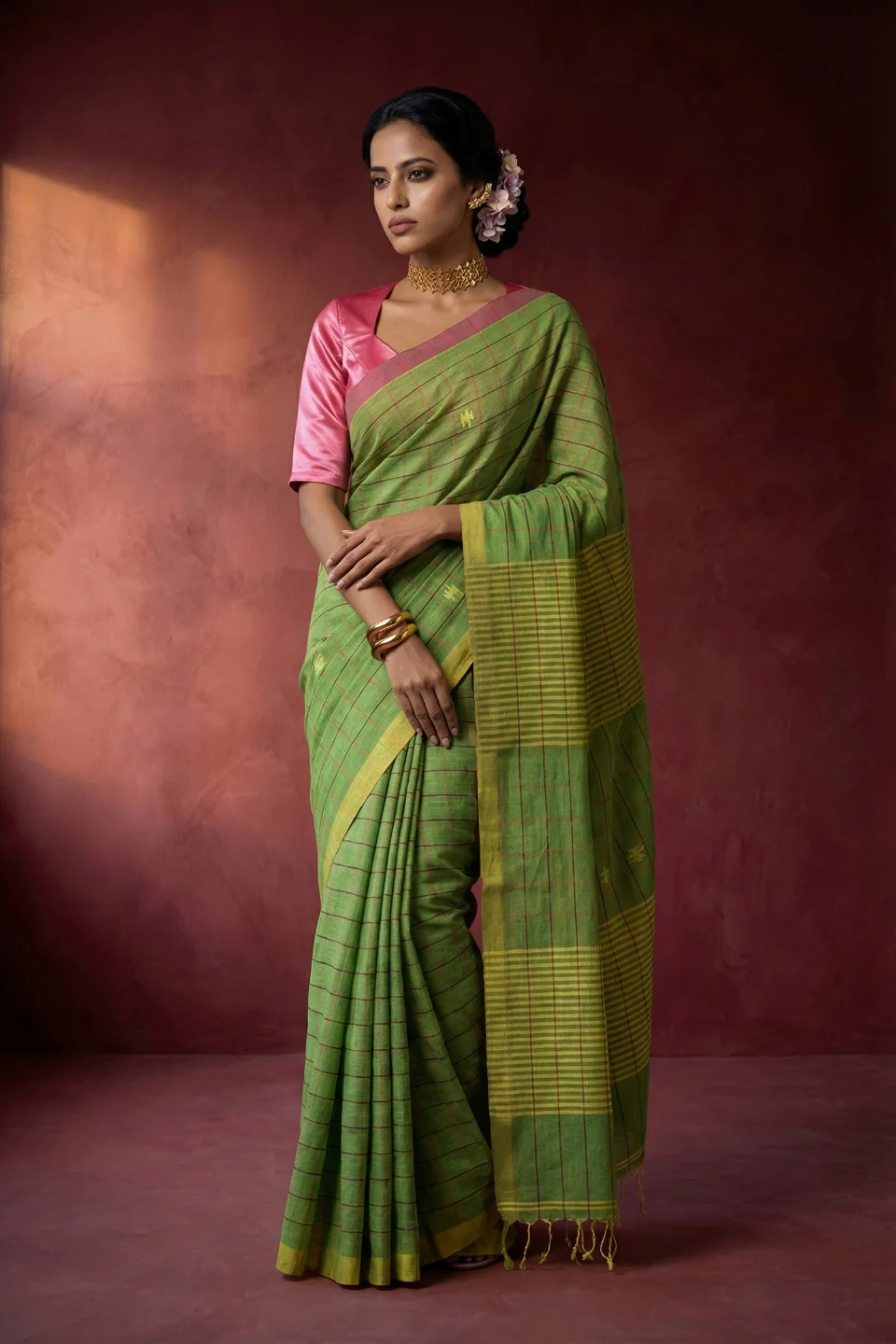 Iraaya Green Handwoven Checkered Cotton Saree