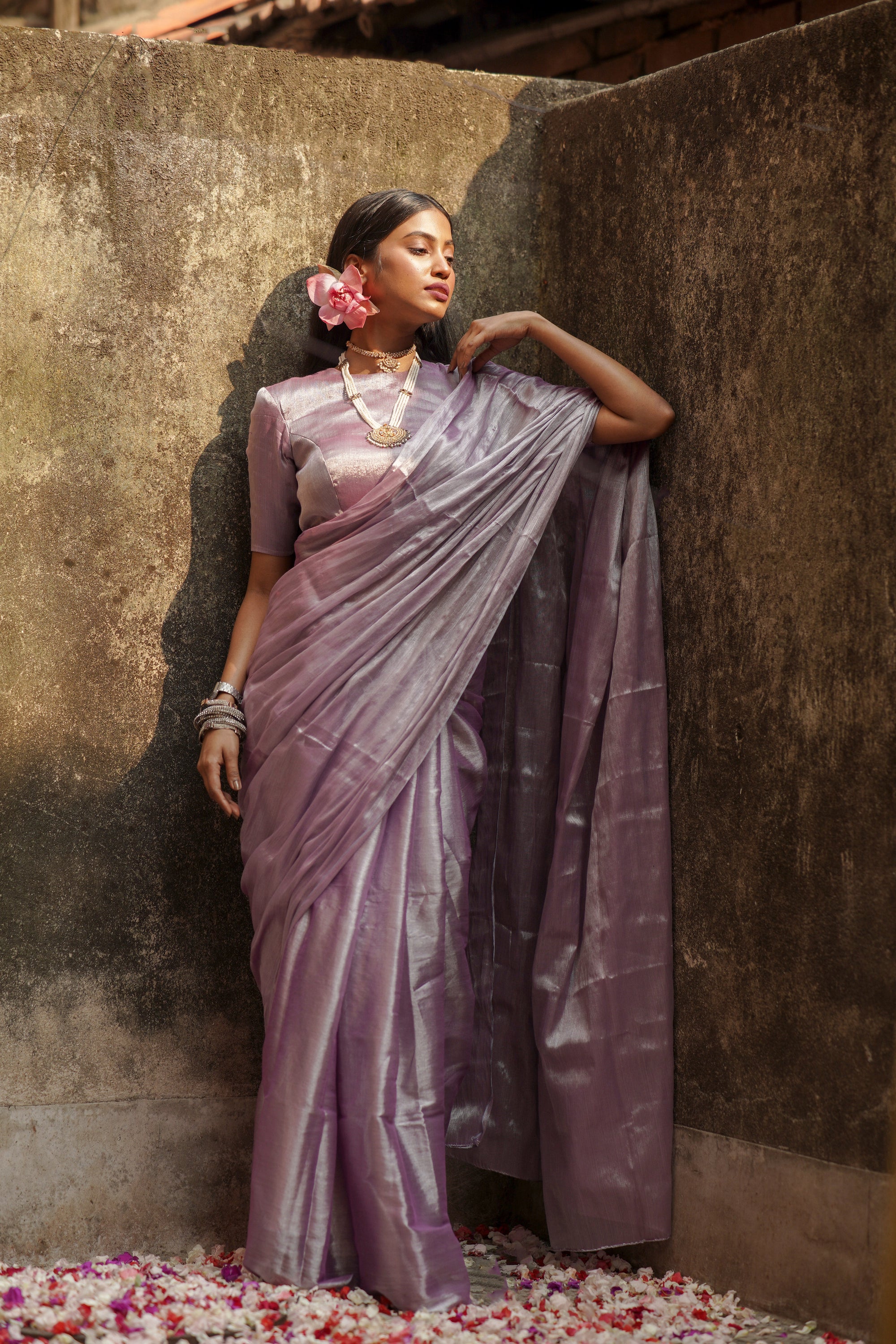 Lilac Lily Pastel Purple Handloom Tissue Saree