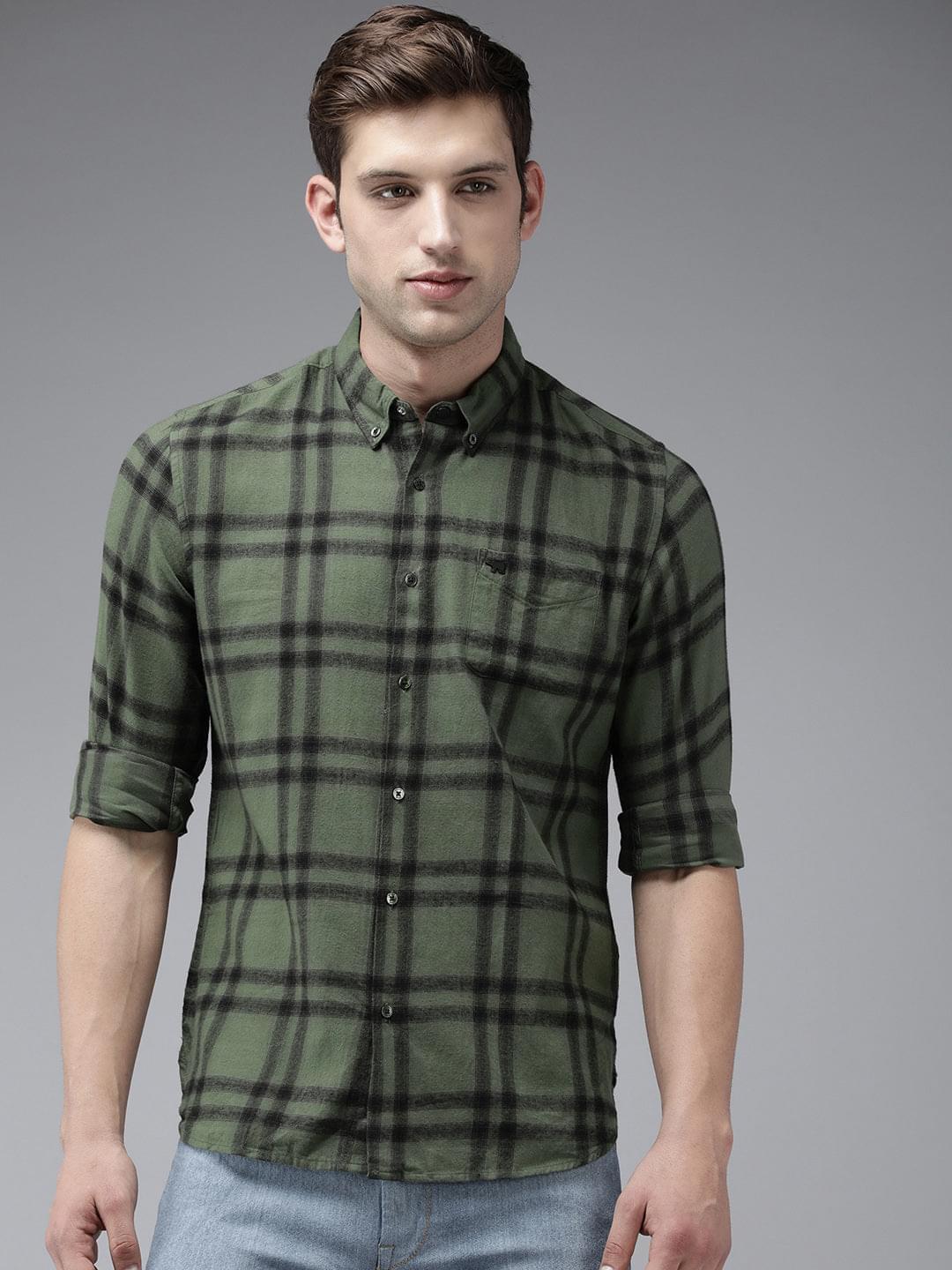 Men Aketo Green checked Slim Fit Flannel Cotton Casual Shirt