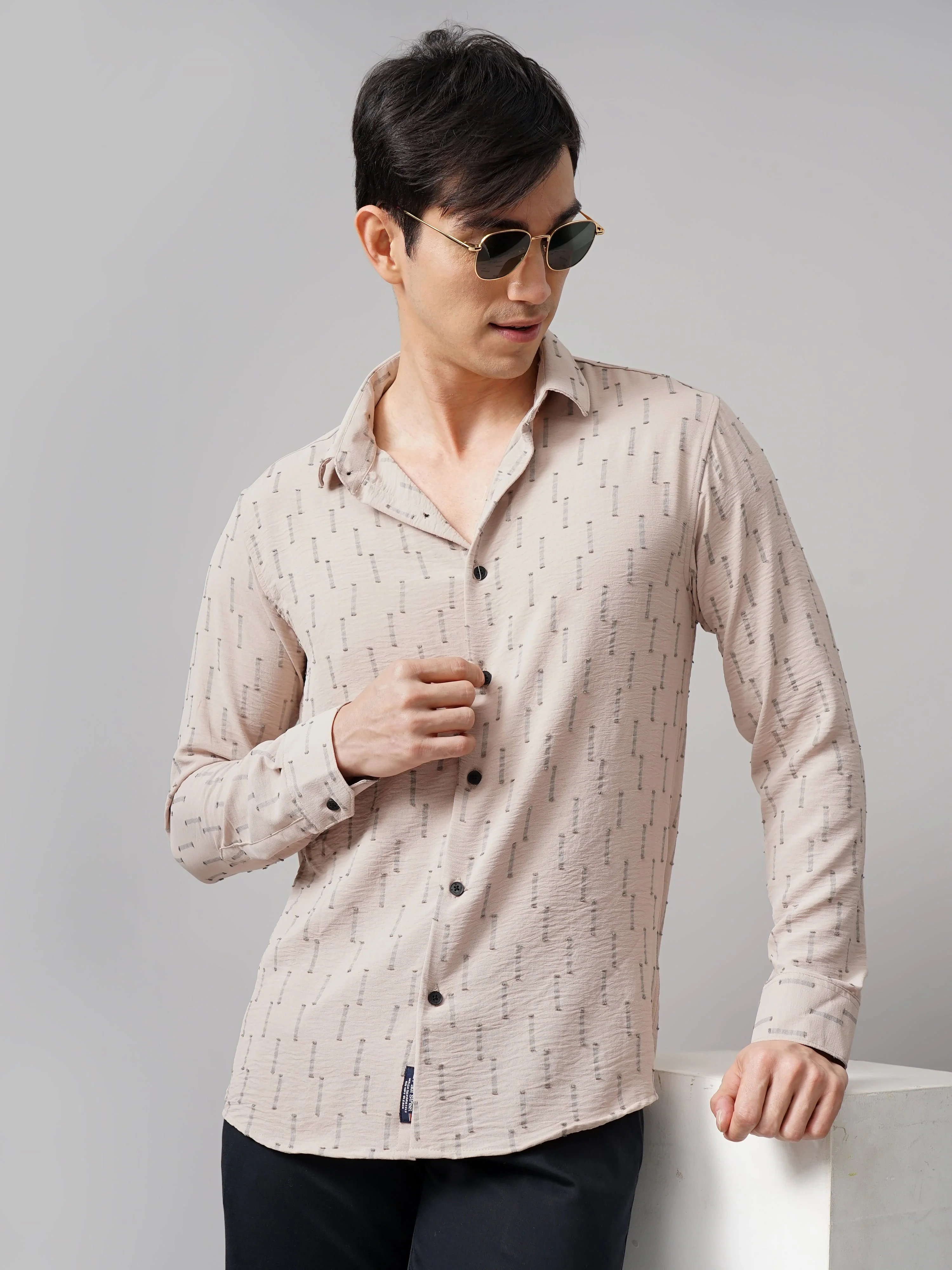 Men Arova Self Design Peach Shirt