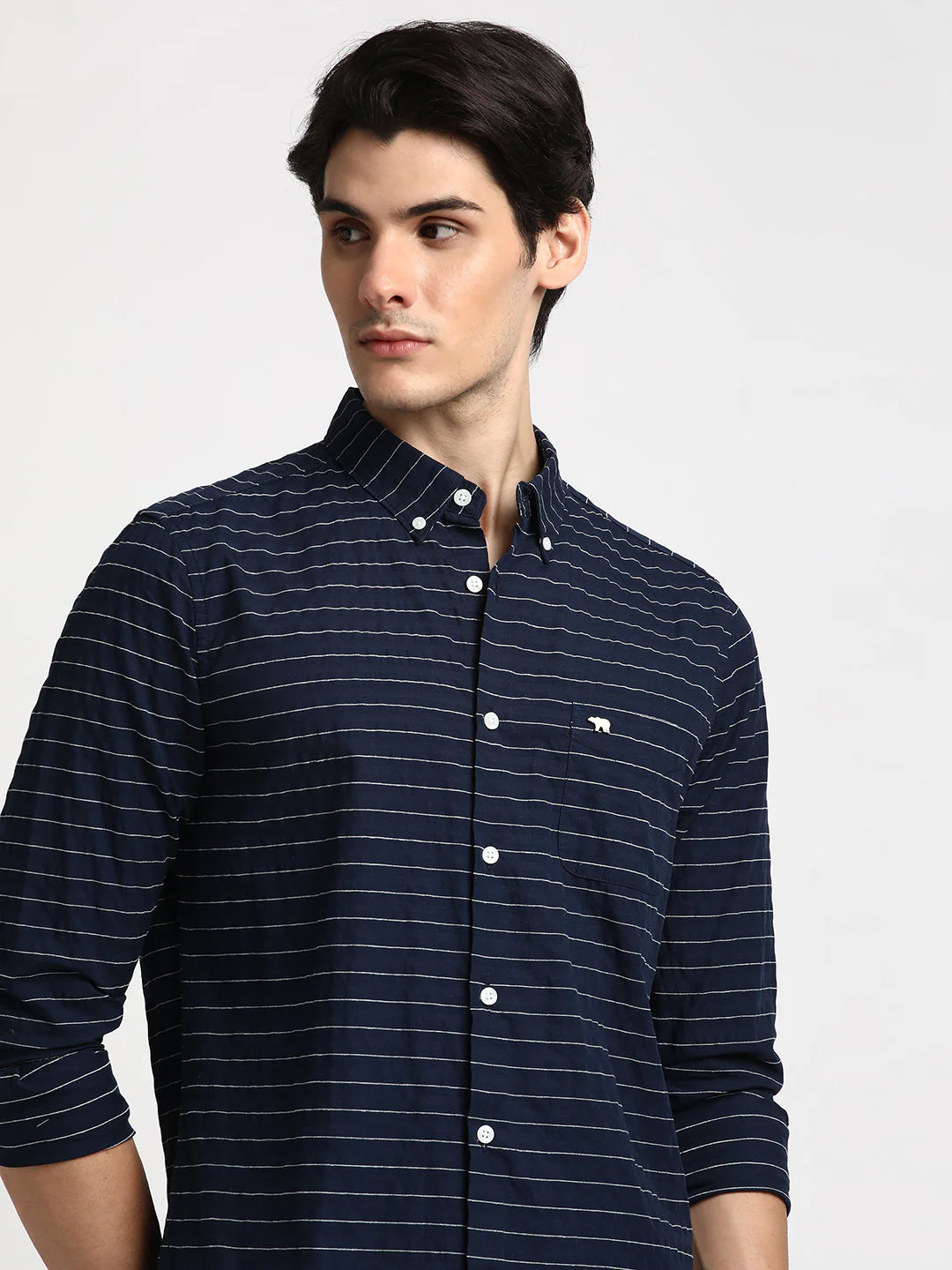 Men Bean Blue Striped Slim Fit Cotton Casual Shirt