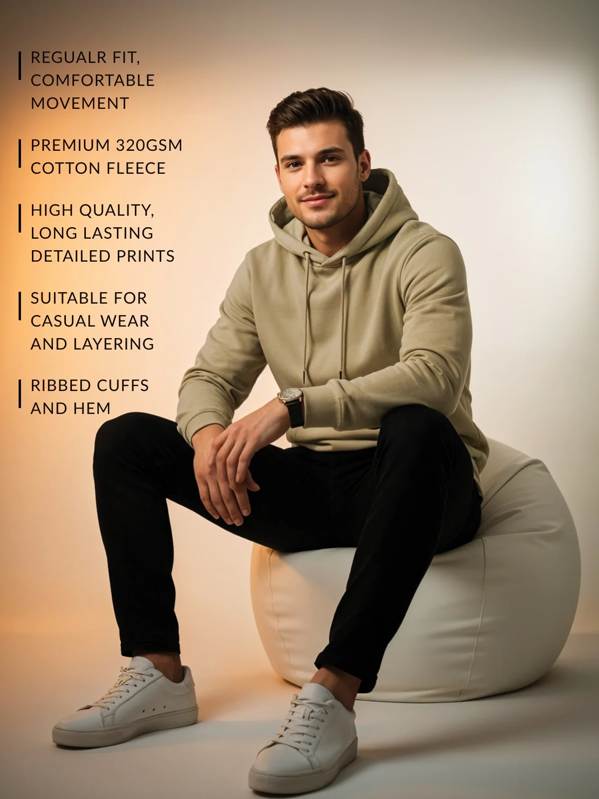 Men Beige Cotton Fleece Printed Hoodie - Image 3