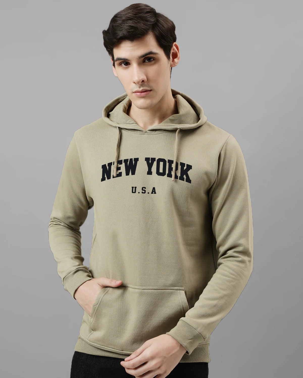Men Beige Printed Cotton Hoodie