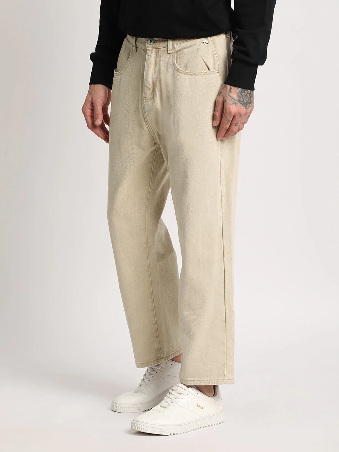 Men Beige Solid Mid Rise Straight Fit Jean