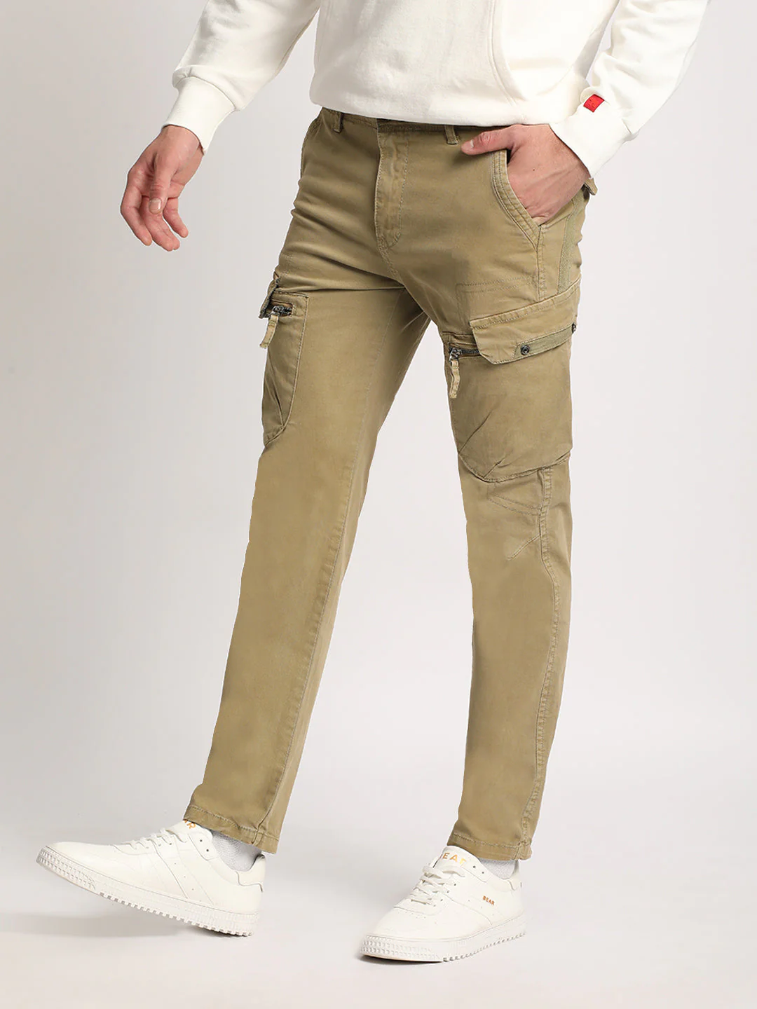Men Beige Solid Slim Fit Cargo