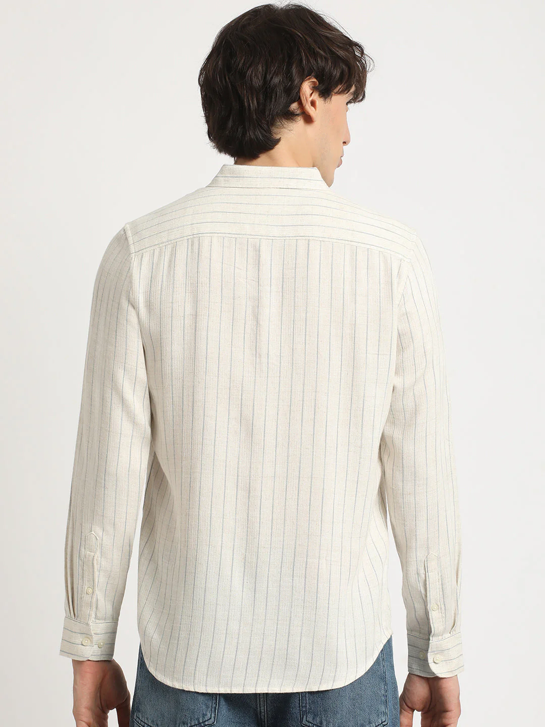 Men Beige Stripe Slim Fit Cotton Casual Shirt - Image 4