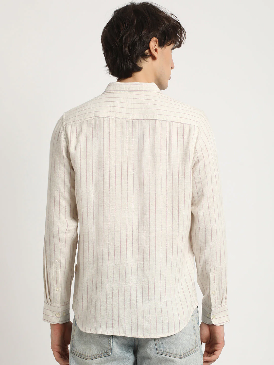 Men Beige Stripe Slim Fit Cotton Casual Shirt - Image 4
