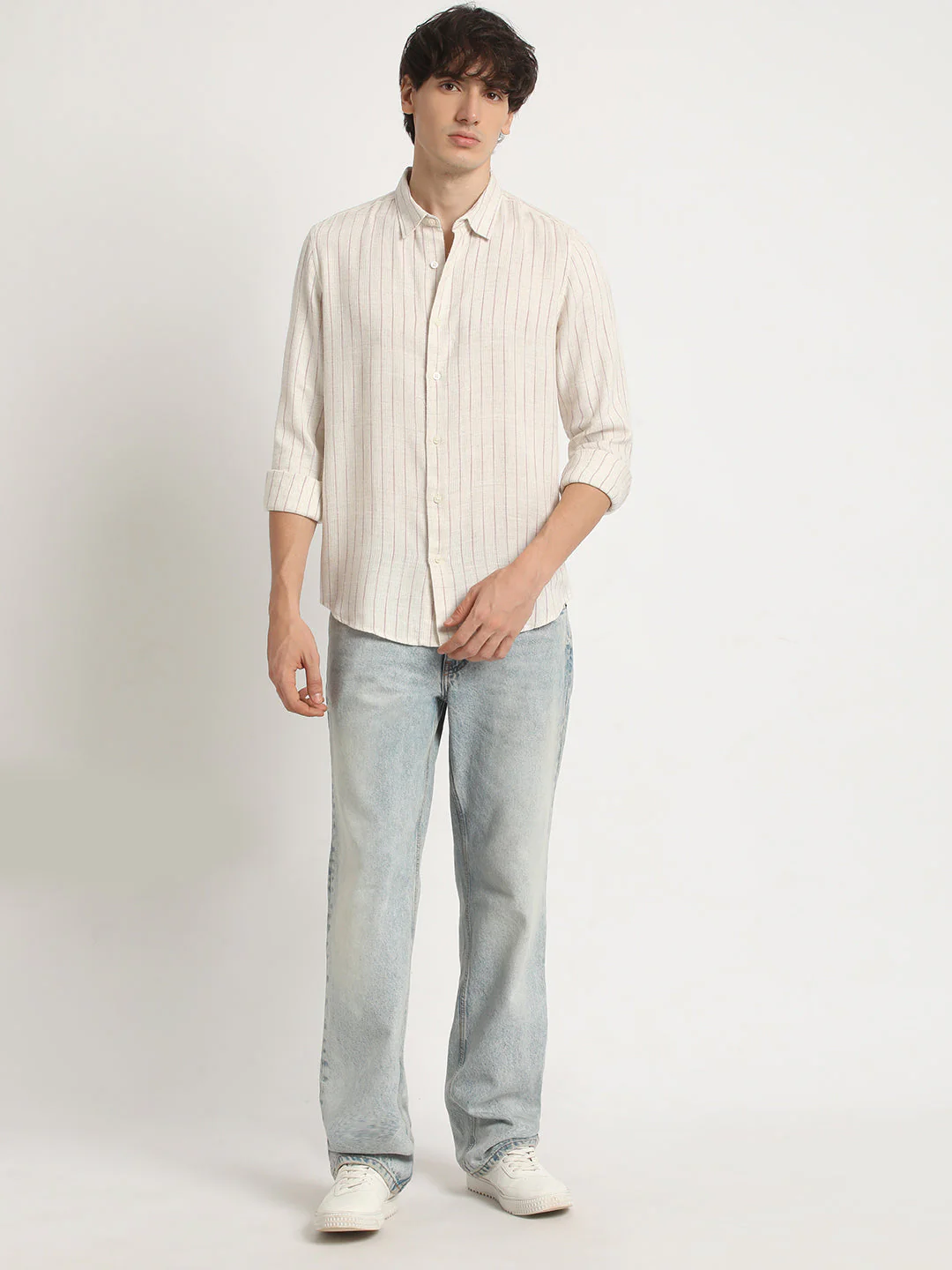 Men Beige Stripe Slim Fit Cotton Casual Shirt - Image 5