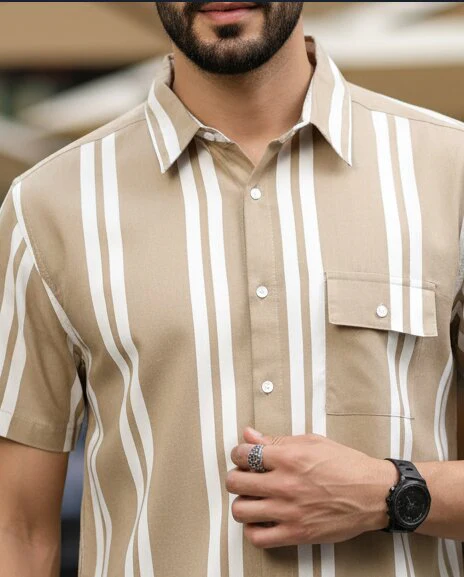Men Beige Striped Shirt - Image 4