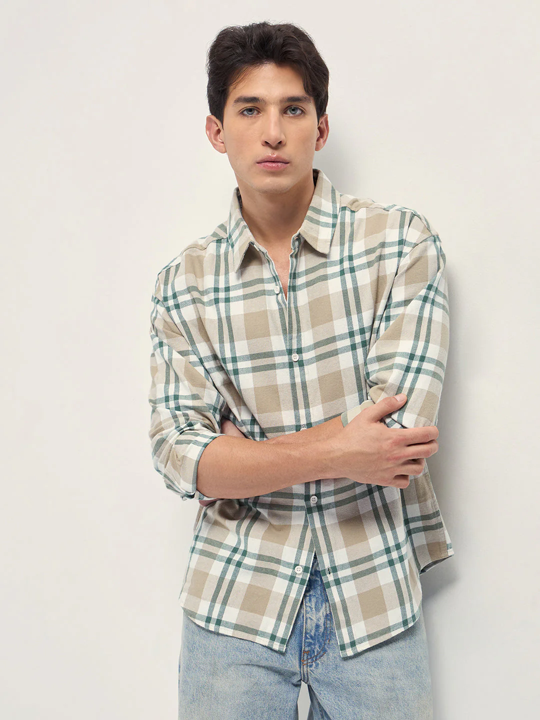 Men Beige Tartan Check Cotton Relaxed Fit Overshirt