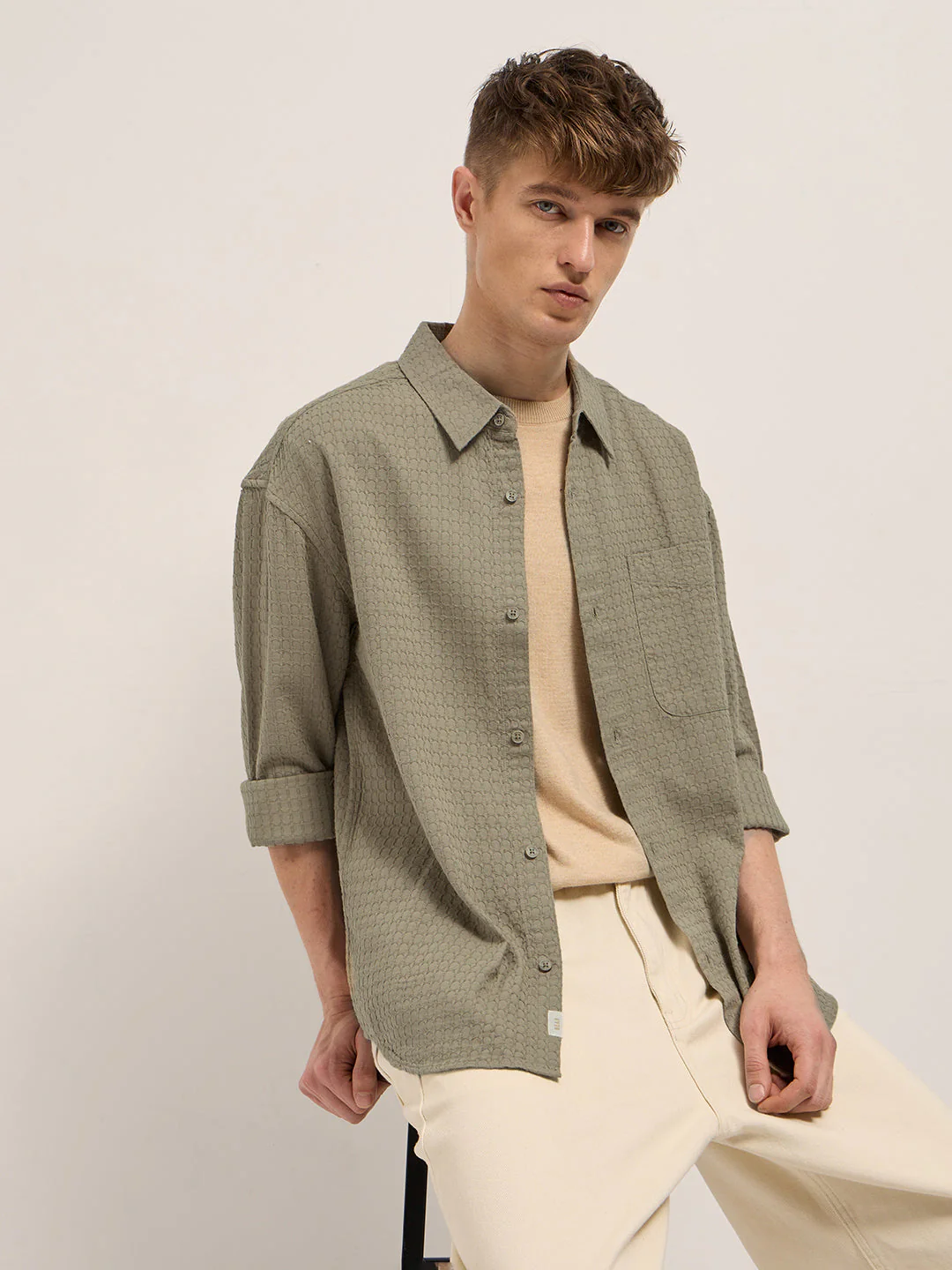 Men Beige Texture Woven Design Relax Fit Overshirt