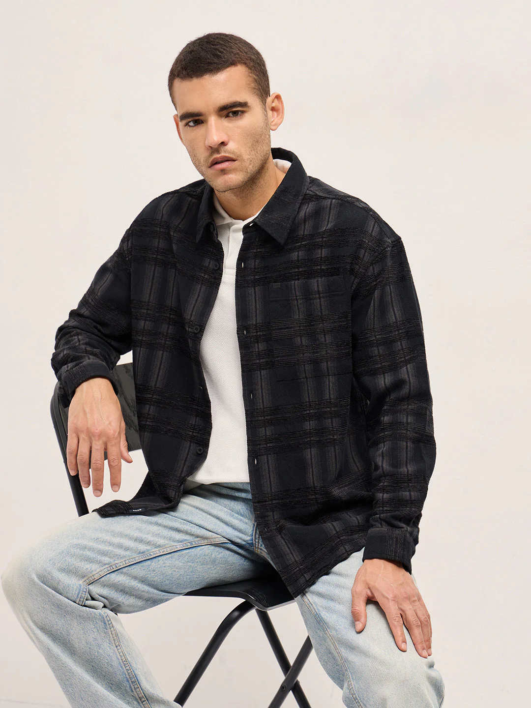 Men Black Checked Relax Fit Overshirt