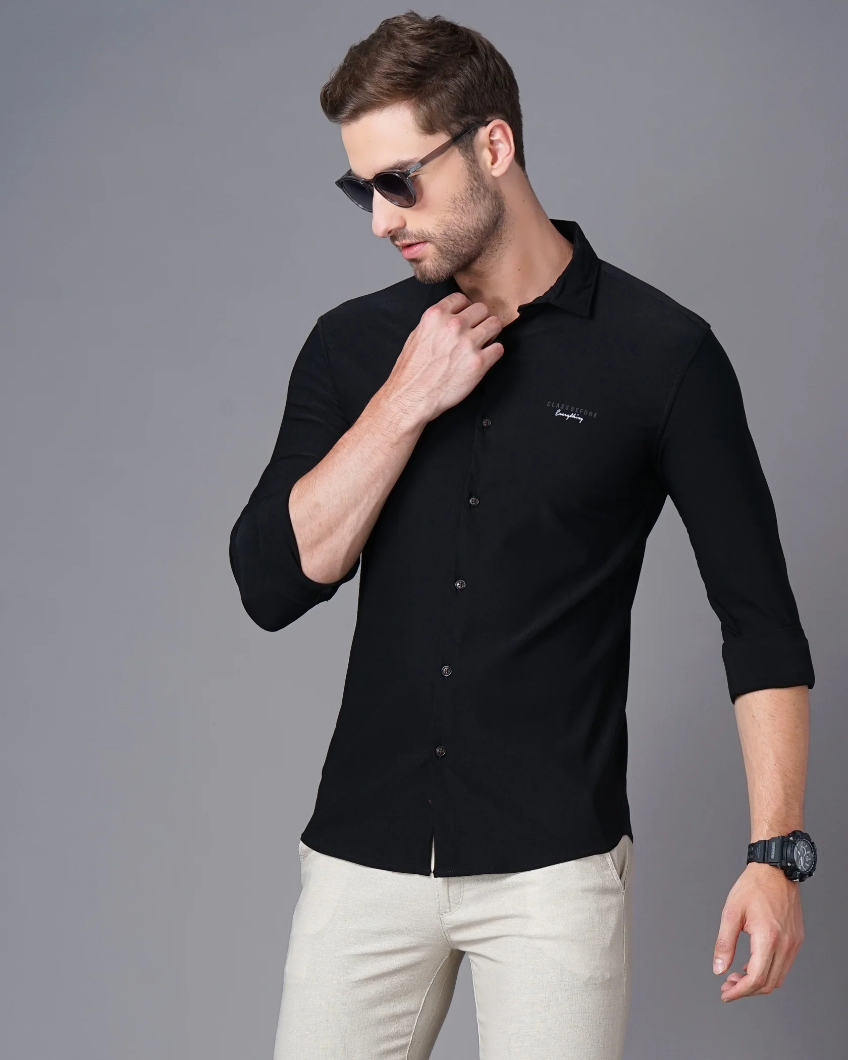 Men Black Cotton Slim Shirt - Image 2