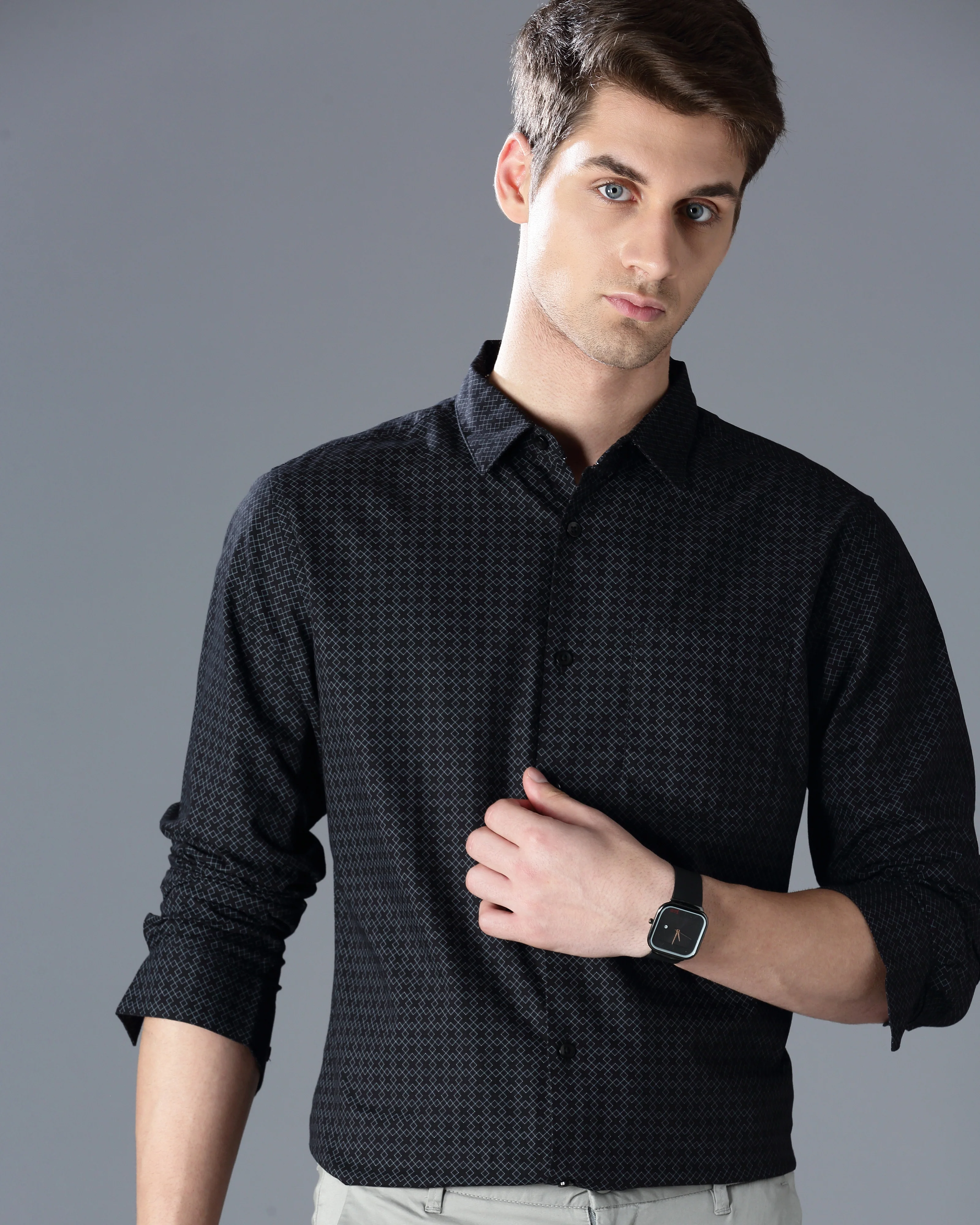 Men Black Cotton Slim Shirt