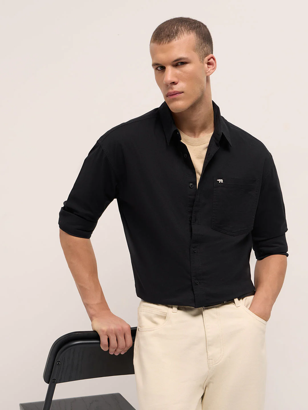 Men Black Cotton Solid Relaxed Fit Overshirt