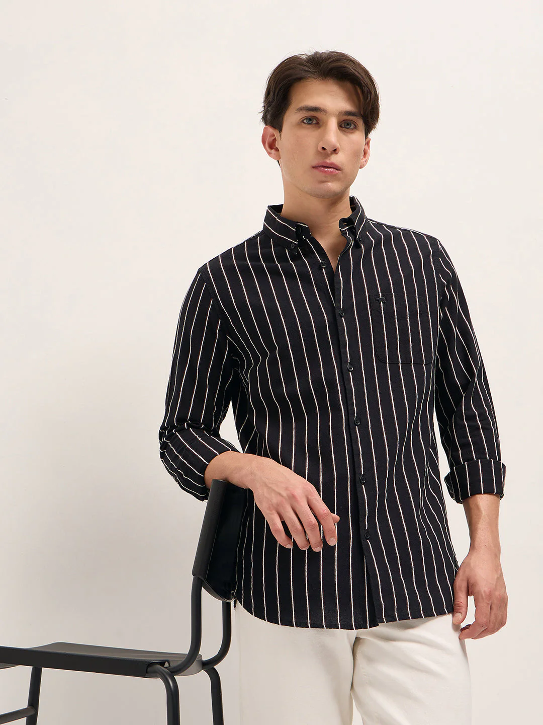 Men Black Cotton Woven Stripes Slim Fit Casual Shirt