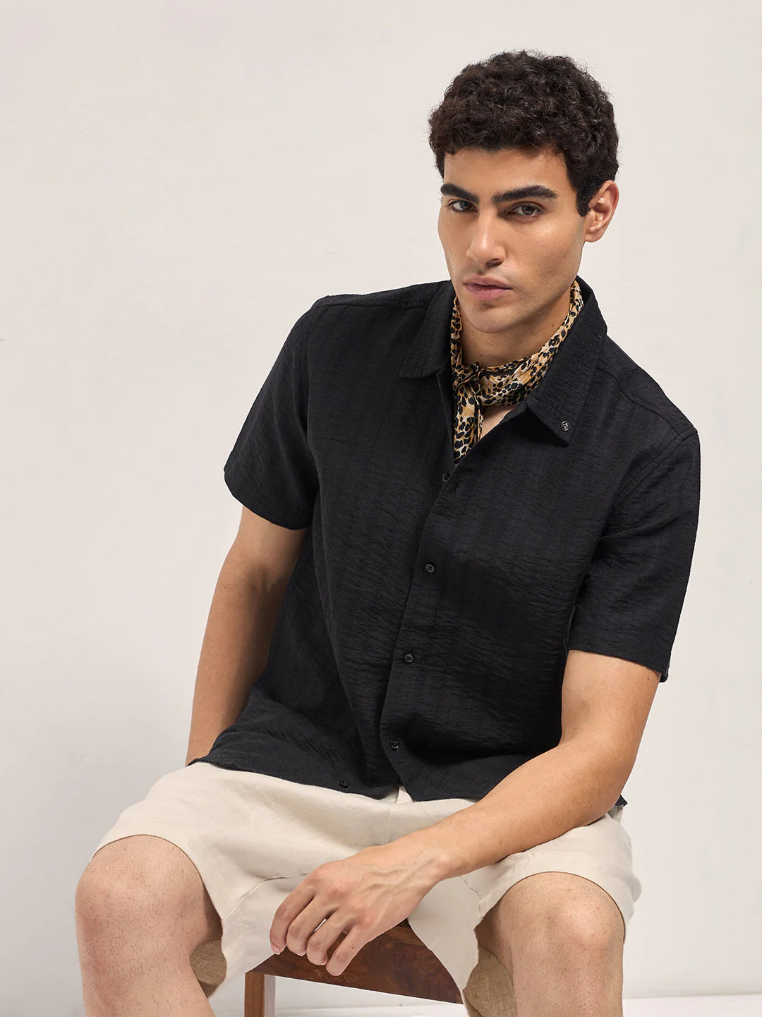 Men Black Crinkled Textured Regular Fit Half-Sleeve Casual Shirt
