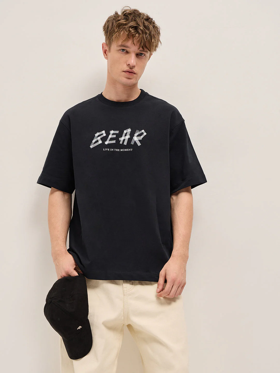 Men Black Geometric BEAR Graphic Oversized Crew Neck T-shirt