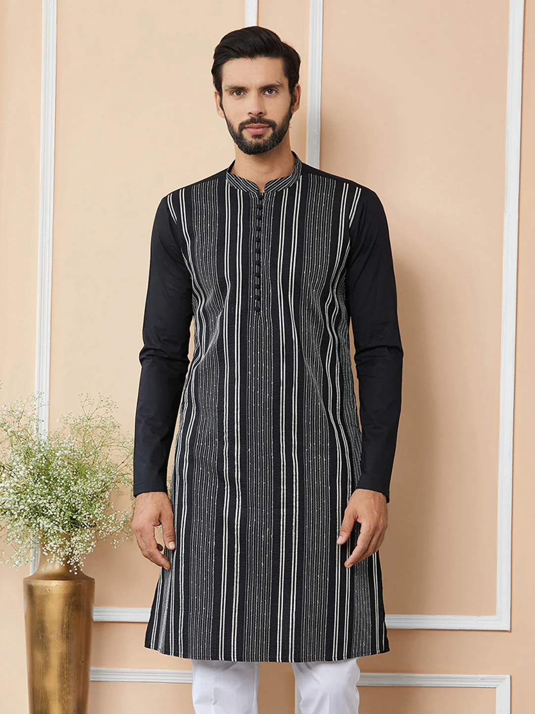 Men Black Gota Strips And Sequins Embroidered Pure Cotton Straight Kurta
