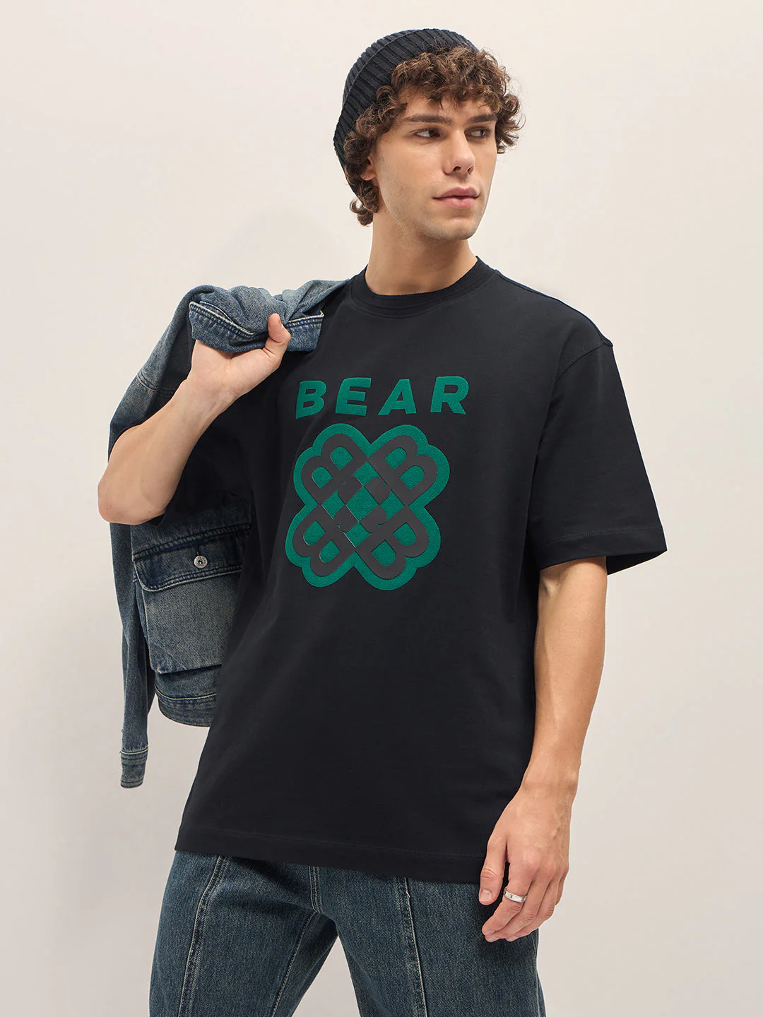 Men Black Oversize Graphic Design Crew Neck T-shirt