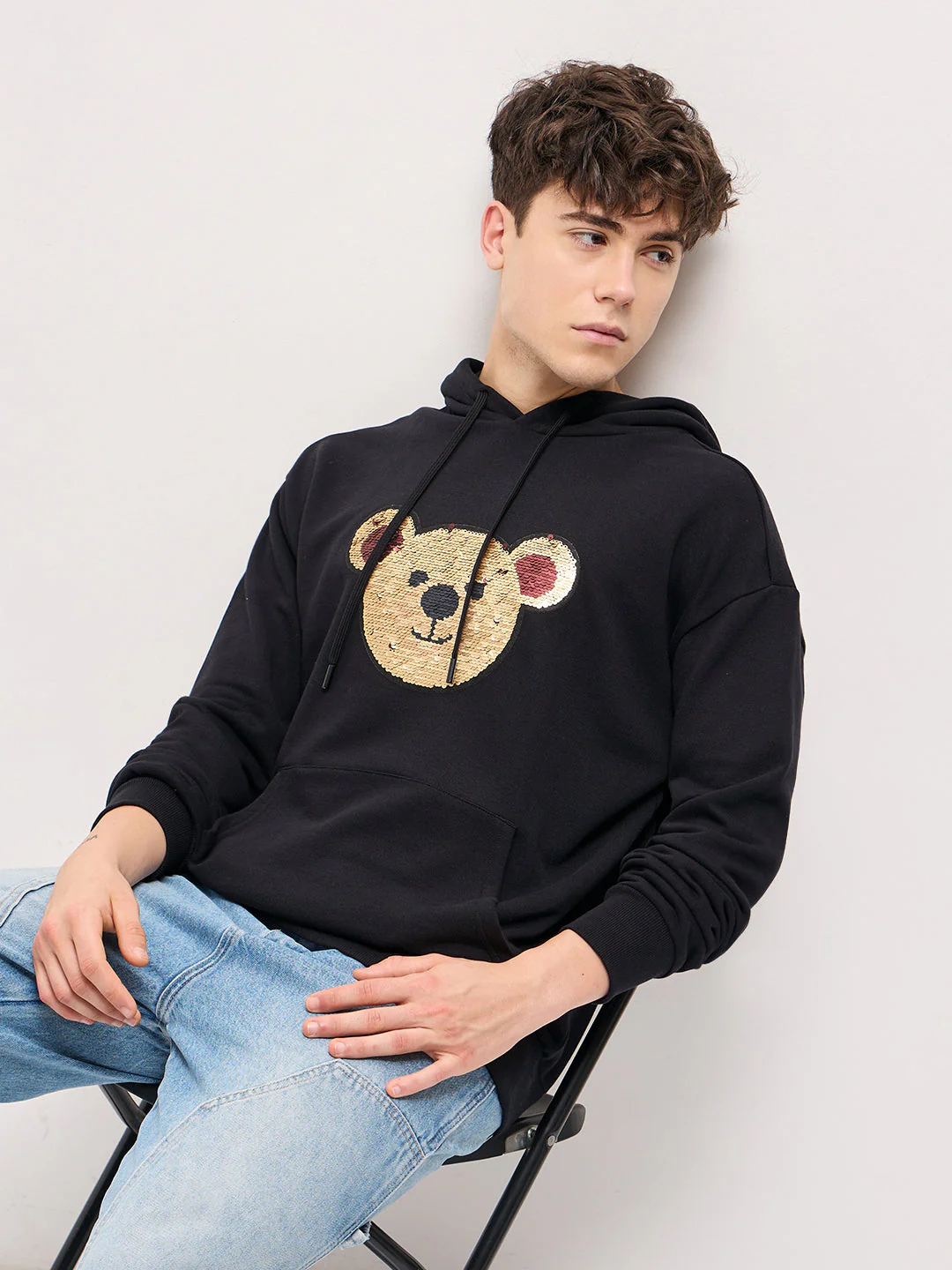 Men Black playful sequin bear face Relax Fit Hoodie