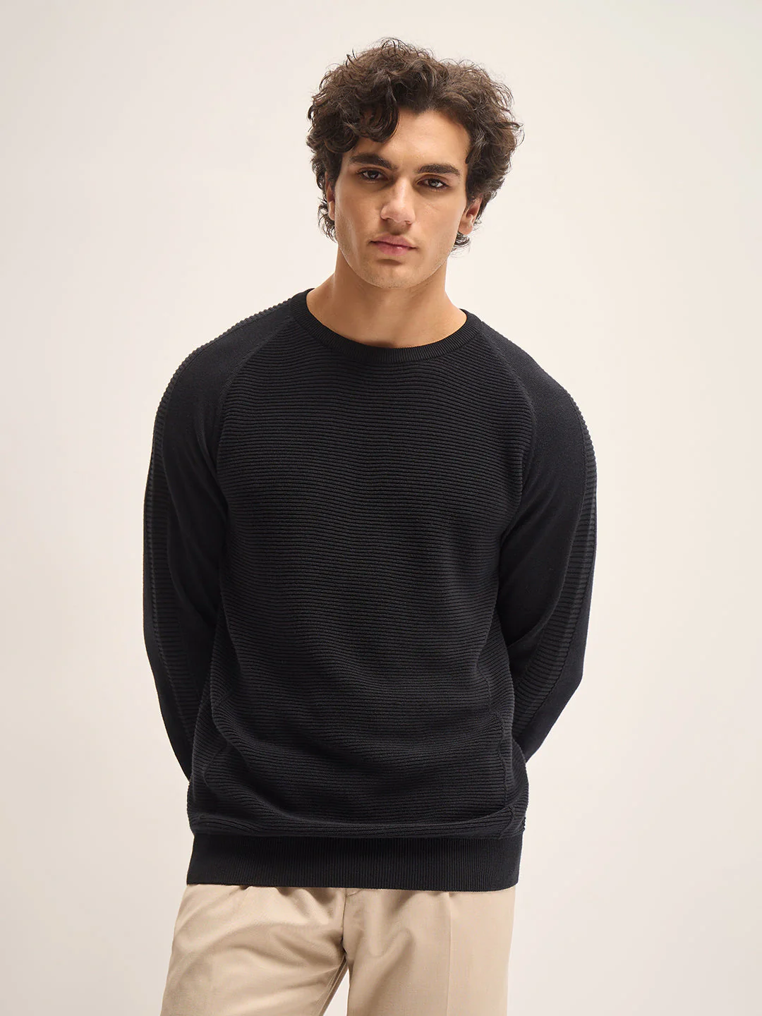 Men Black Self Design Regular Fit Crew Neck T-Shirt