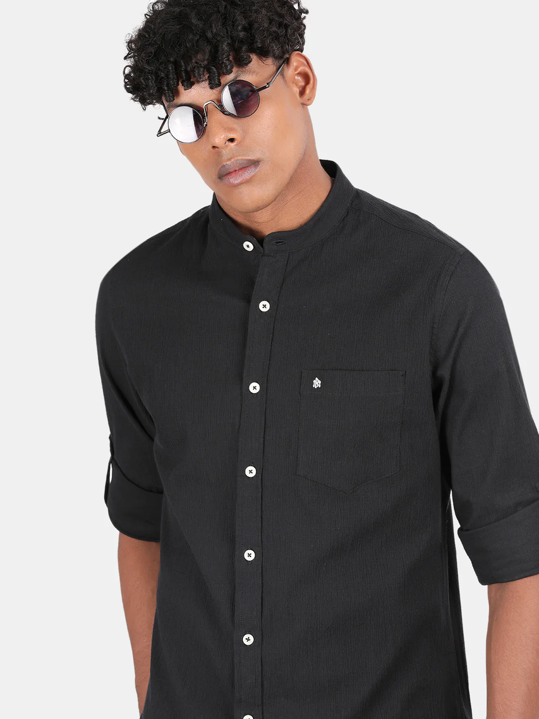 Men Black Slim Fit Mandarin Collar Full Sleeve Casual Shirt