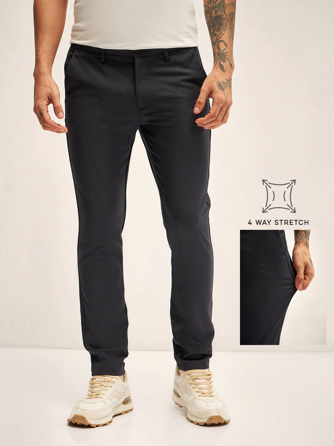 Men Black Solid 4 Way Stretch Formal Trouser