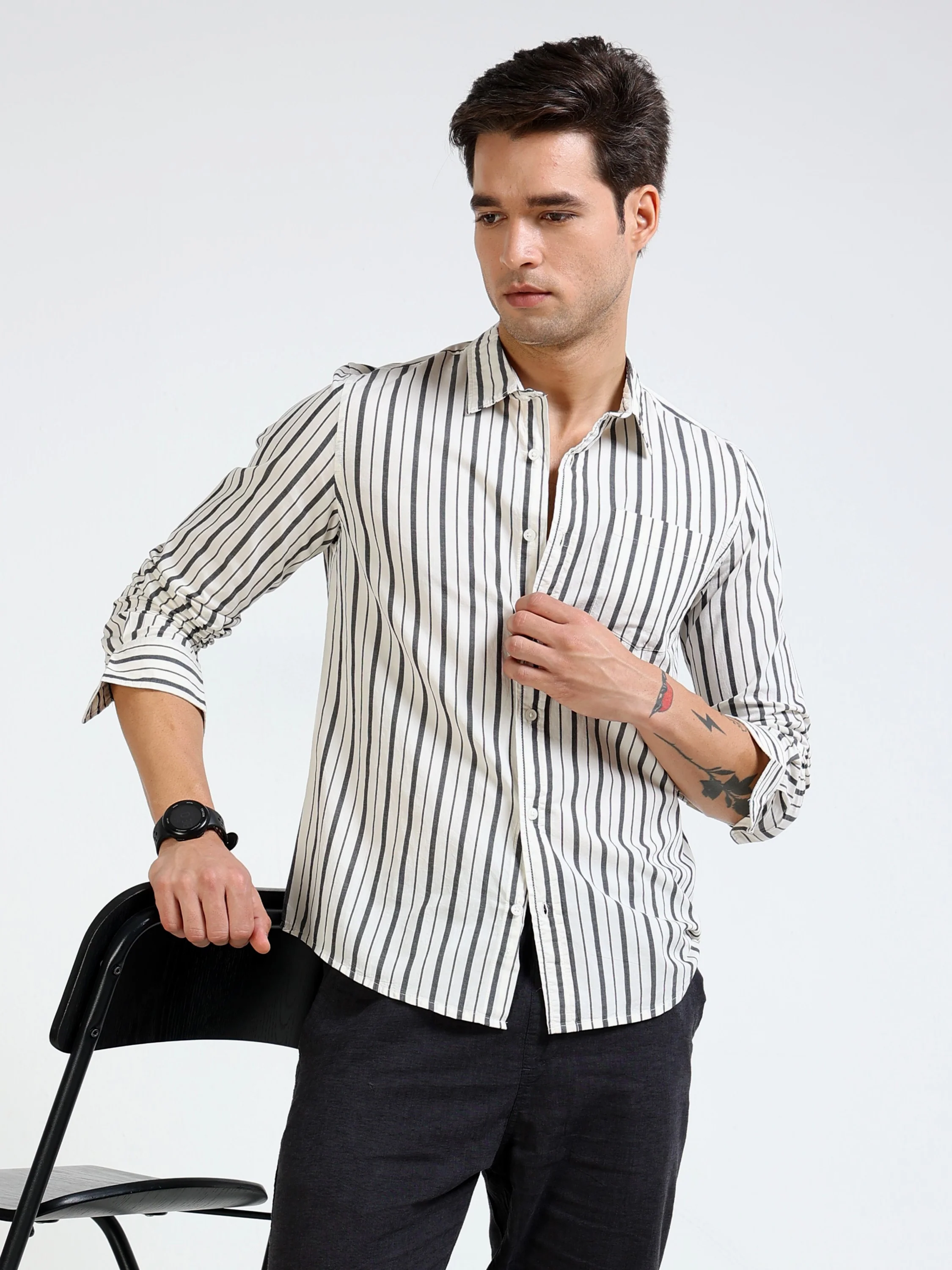 Men Black & White Stripe Shirt