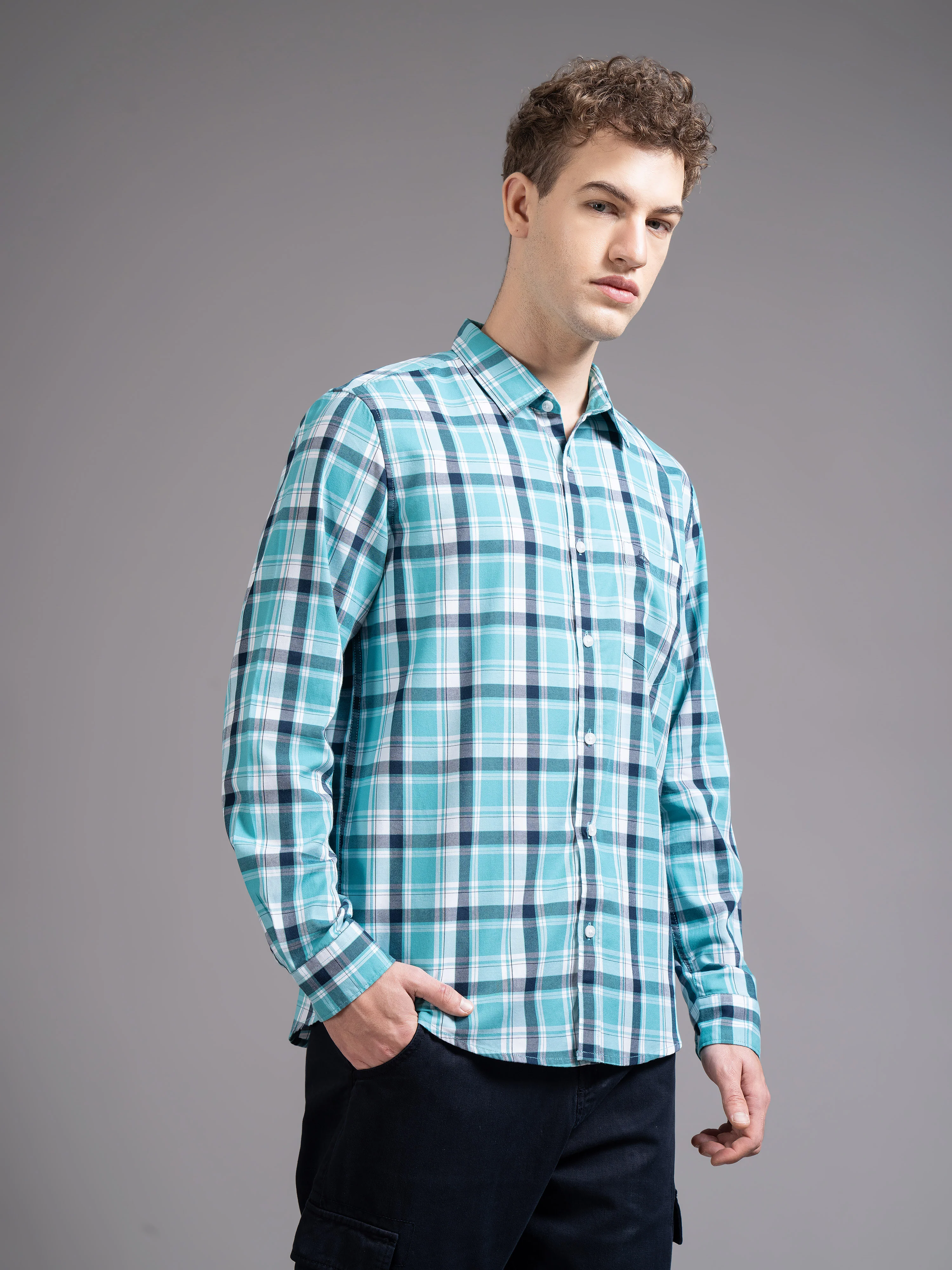 Men Blue Checked Shirt