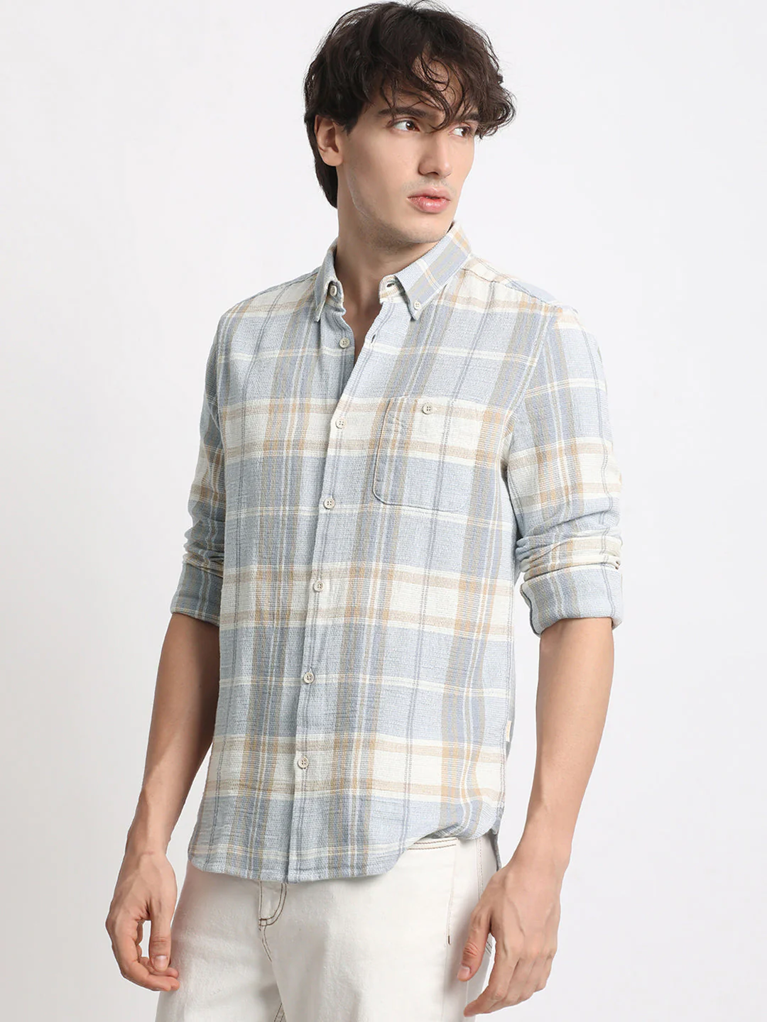 Men Blue Checked Slim Fit Cotton Casual Shirt - Image 3