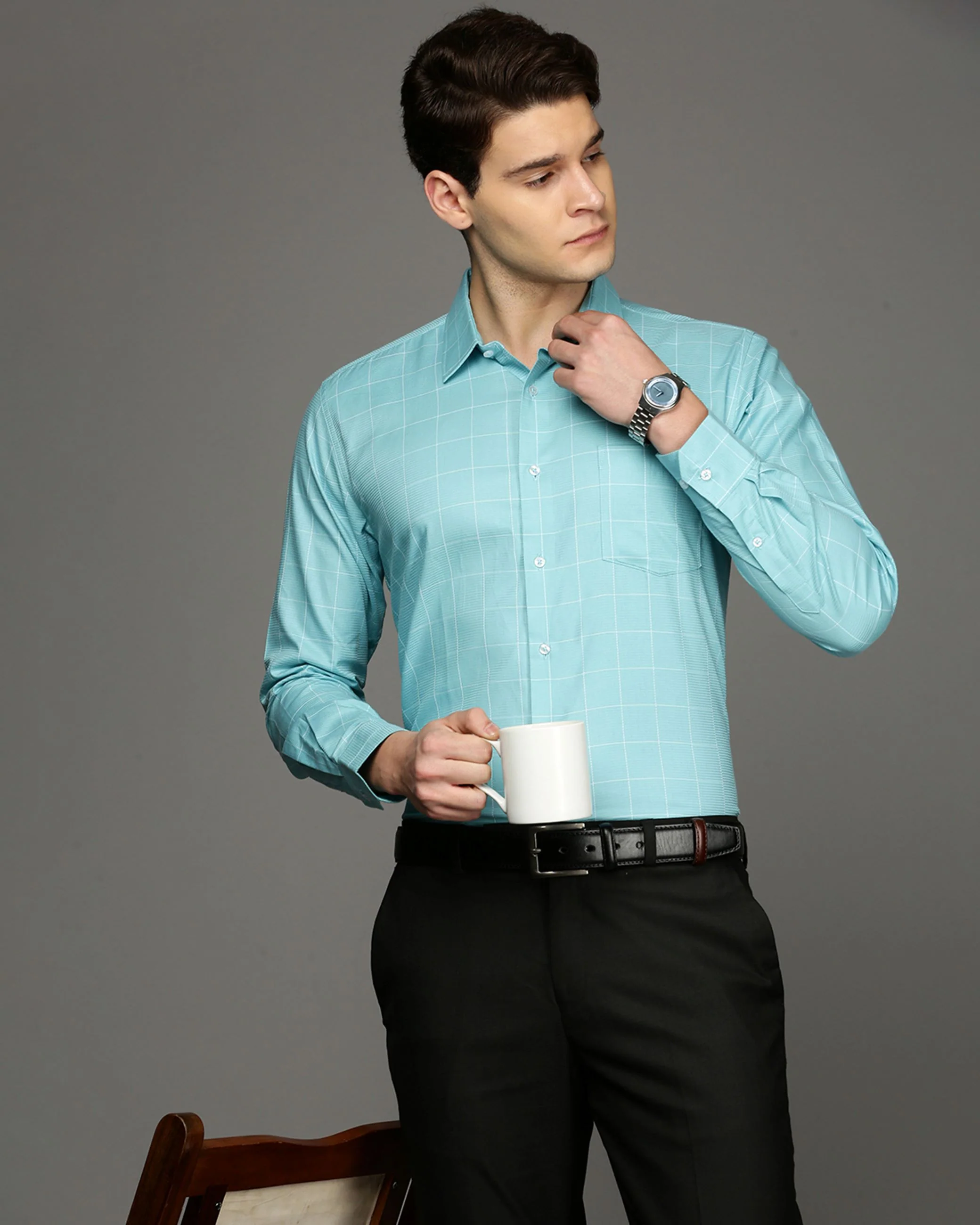 Men Blue Cotton Blend Slim Shirt