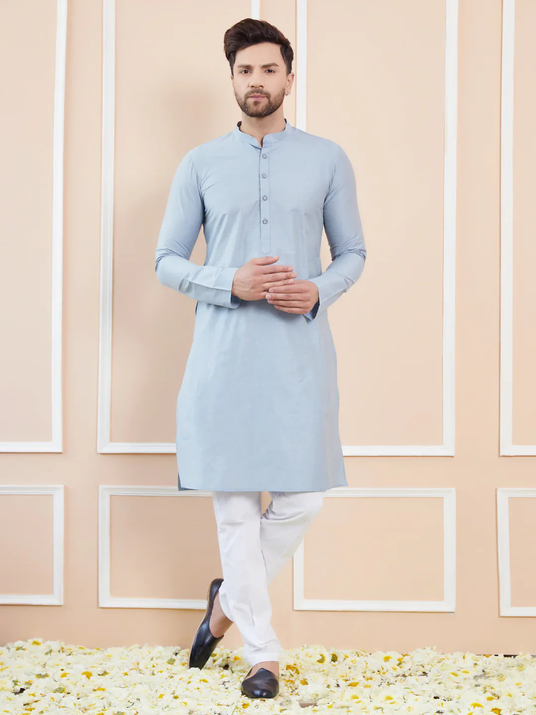 Men Blue Cotton Solid Straight Kurta