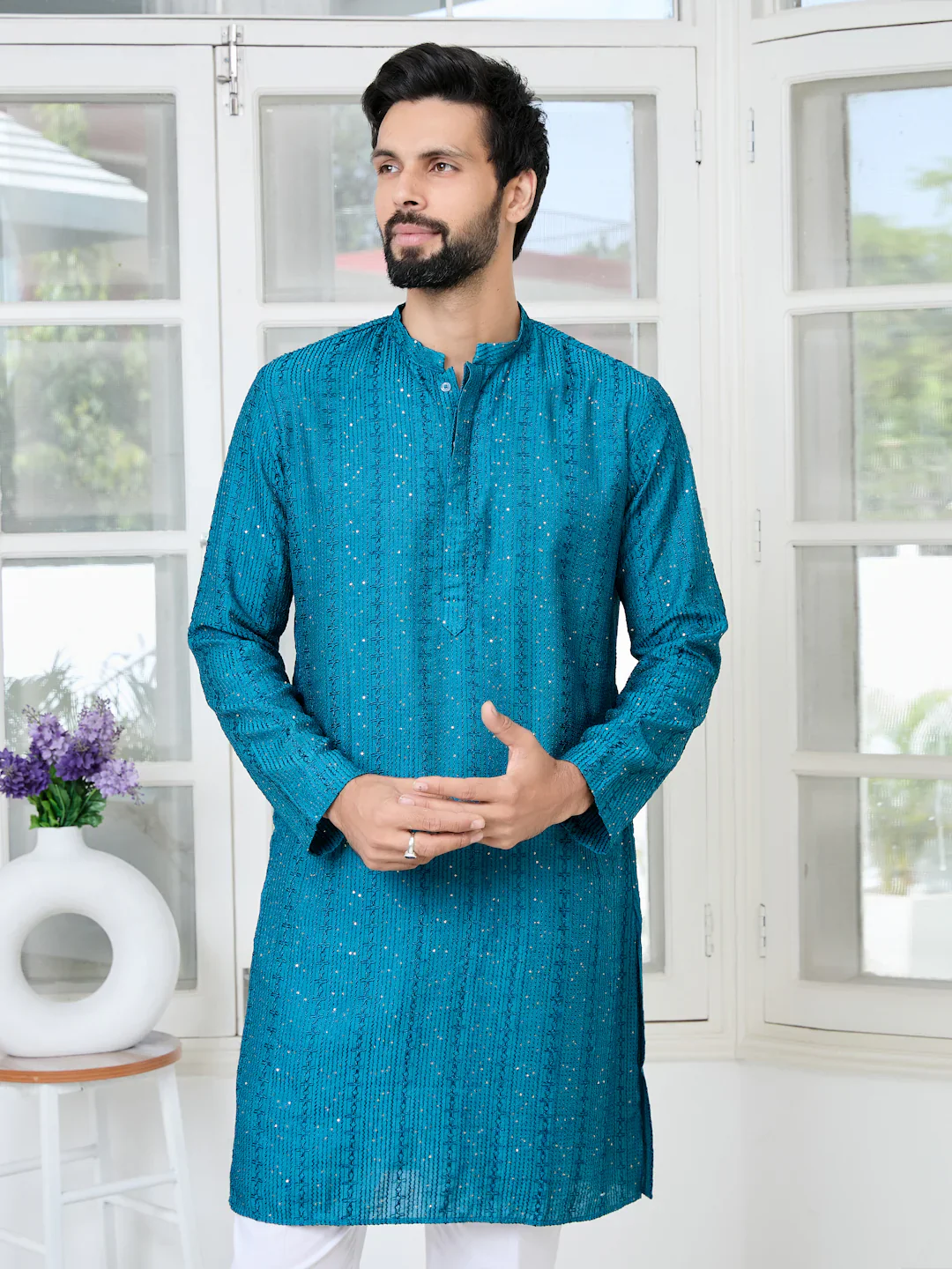 Men Blue Embroidered Thread Work Sequinned Chanderi Silk Straight Kurta - Image 5