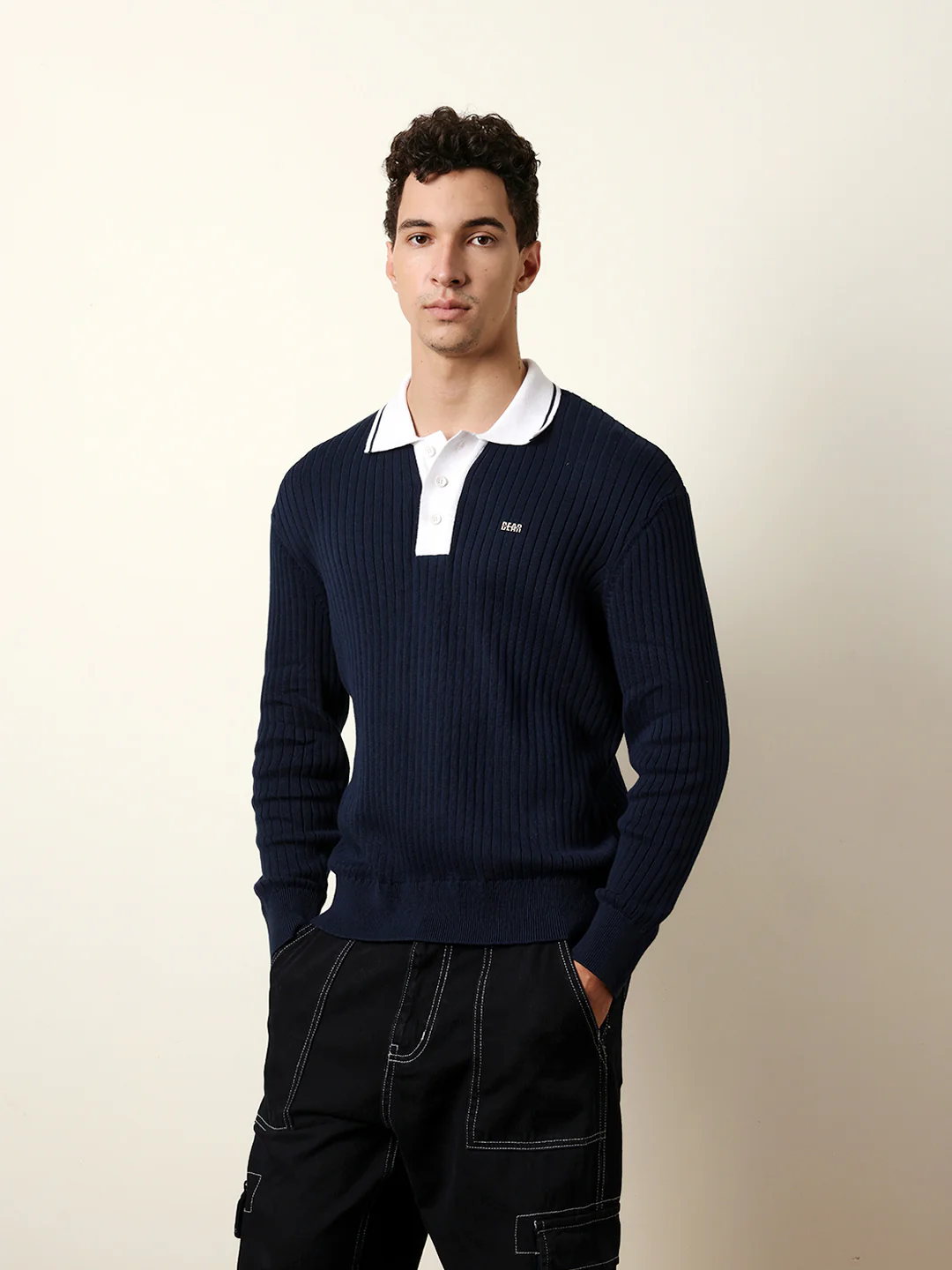 Men Blue Full Sleeve Polo T-Shirt