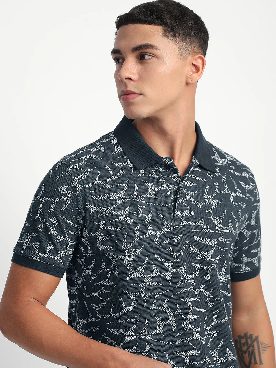 Men Blue Printed Slim Fit Polo T-Shirt