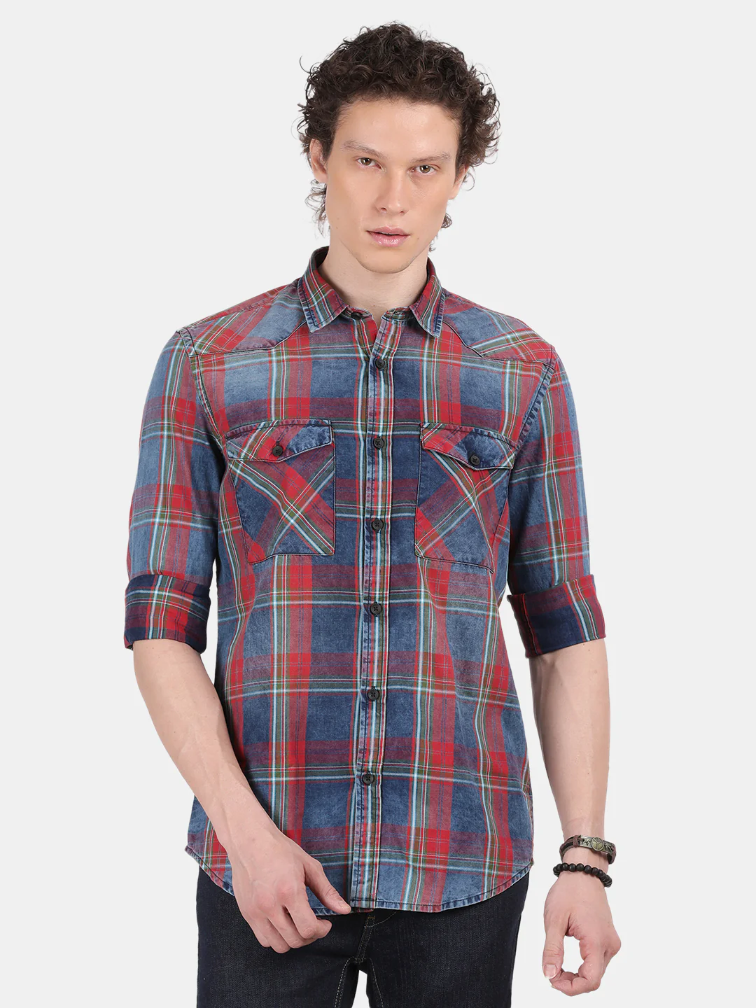 Men Blue Red Slim Fit Spread Collar Full Sleeve Casual Shirt