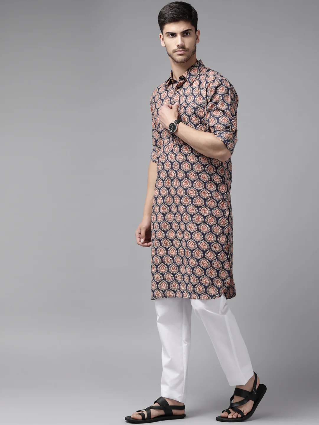 Men Blue Regular Pure Cotton Pathani Printed Men'S Kurta