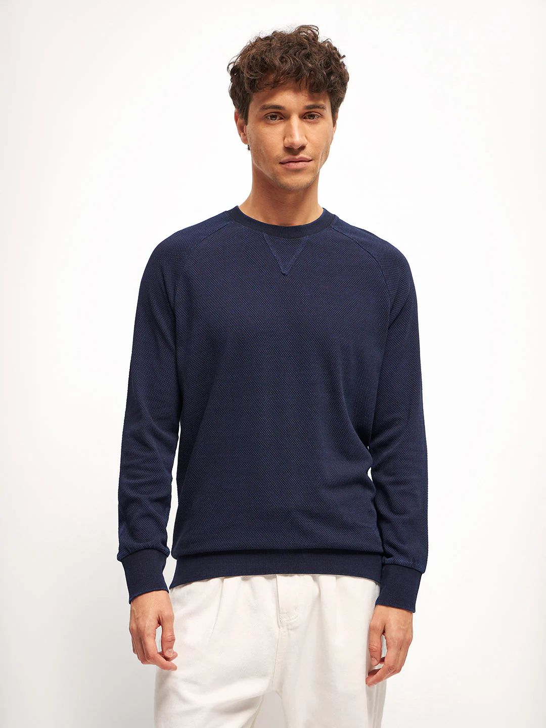 Men Blue Self Design Regular Fit Crew Neck T-Shirt