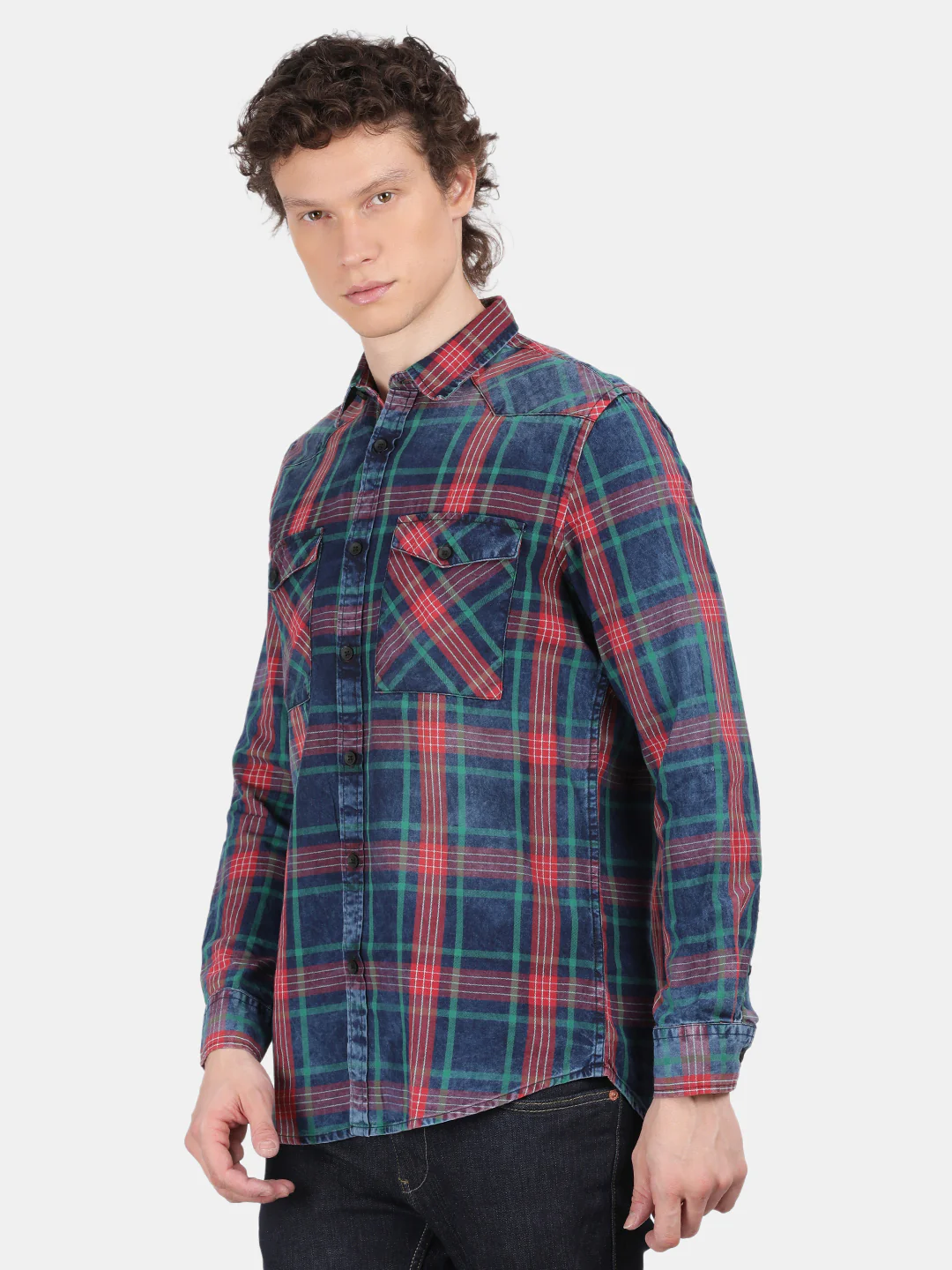 Men Blue Slim Fit Spread Collar Full Sleeve Casual Shirt