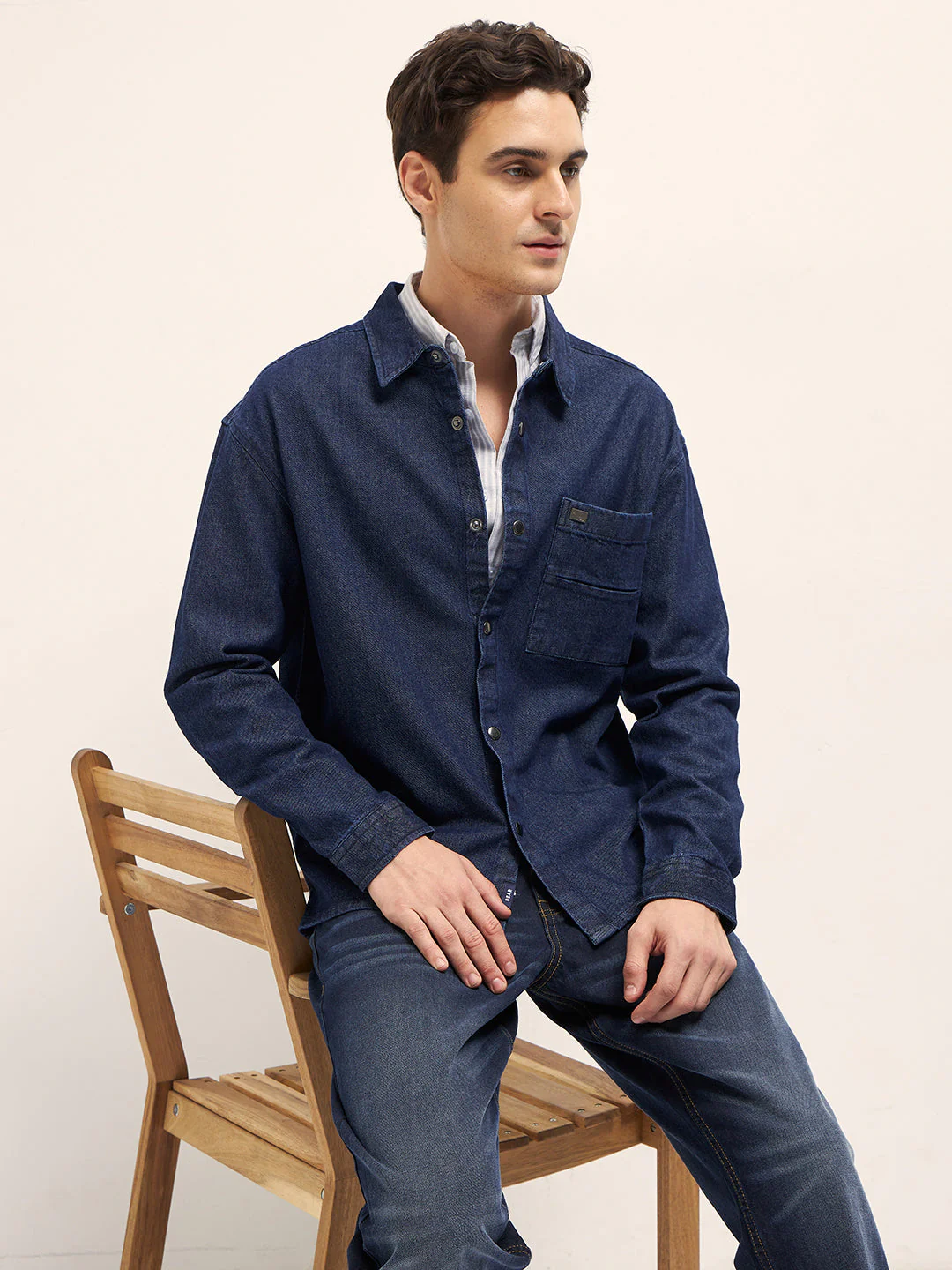 Men Blue Solid Cotton Denim Relaxed Fit Shacket
