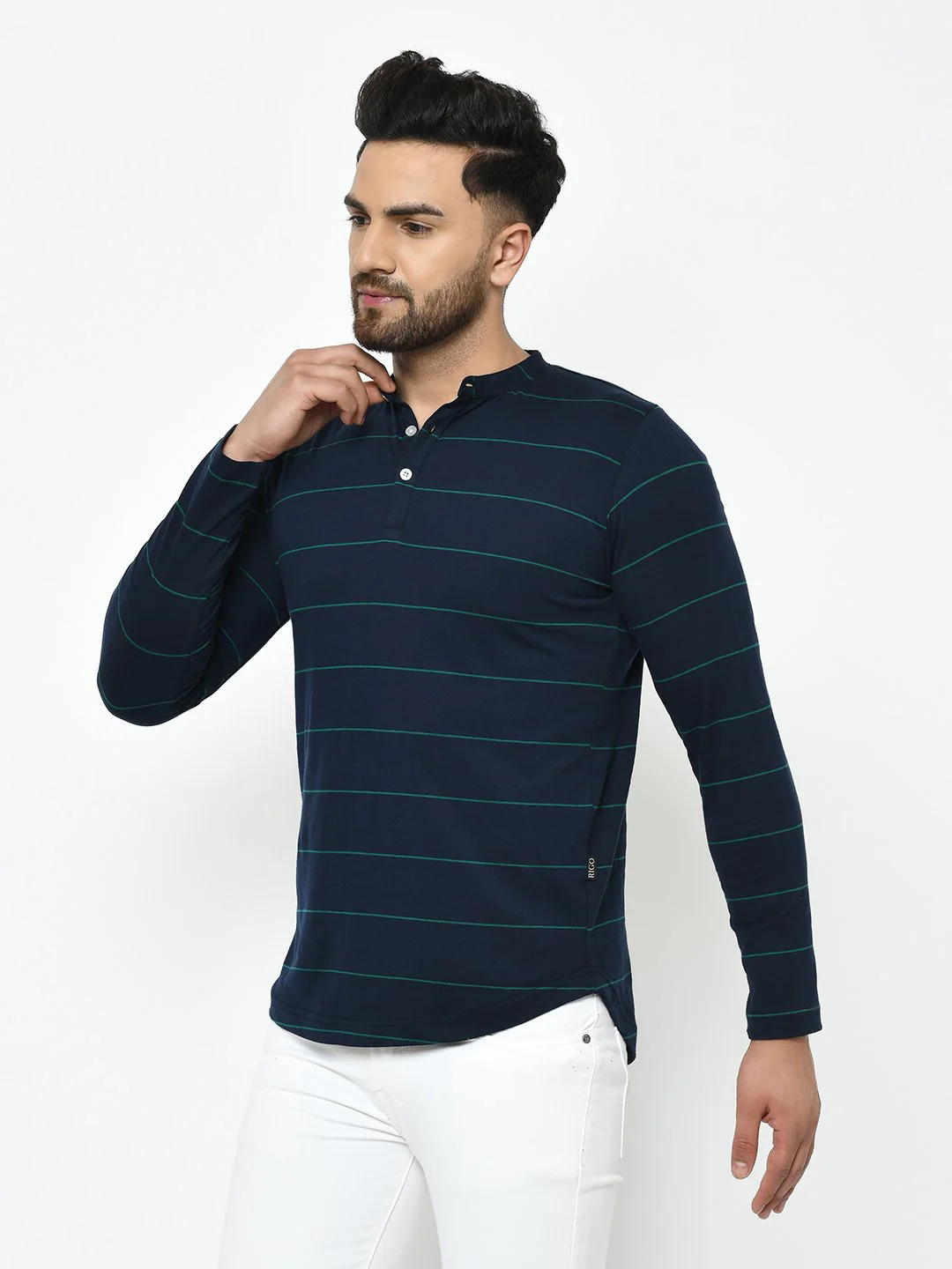Men Blue Stripe Henley Cotton Fabric T-Shirt